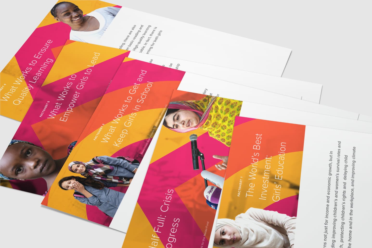 A set of colorful, overlapping flyers featuring diverse girls and women. Headlines focus on ensuring quality learning, empowering girls, keeping girls in school, and highlighting the global importance of girls' education. Bright and engaging visuals accompany each topic.