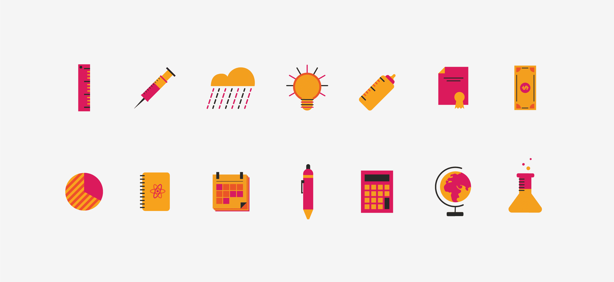 A collection of colorful school-related icons including a ruler, syringe, rainy cloud, sun, water bottle, certificate, book, pie chart, notebook, calendar, pen, calculator, globe, and a flask with bubbles.