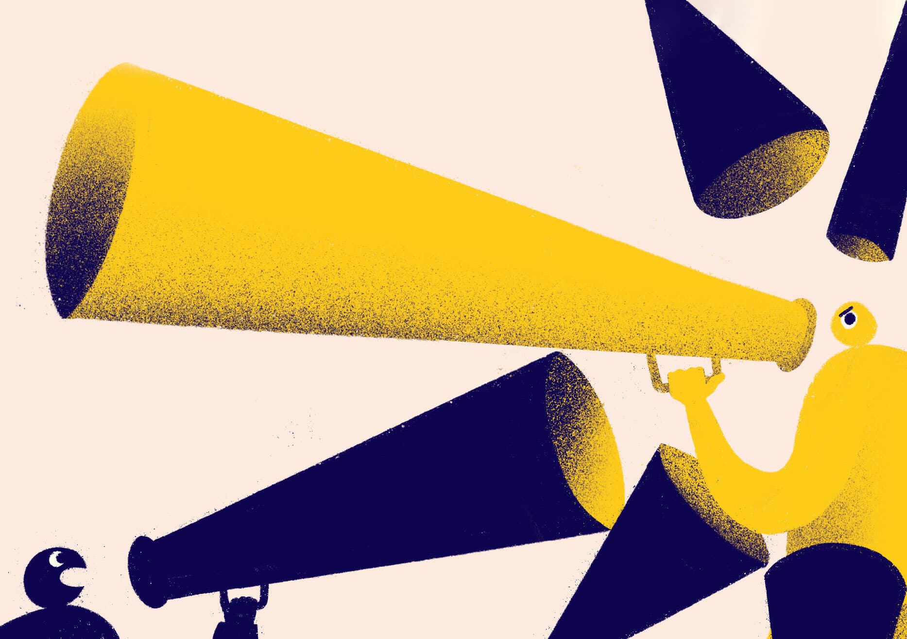 Illustration of a yellow figure holding a large yellow megaphone, surrounded by multiple megaphones. Smaller, silhouetted figures also hold megaphones, all pointing in various directions. The background is light and creates a contrast with the vibrant colors of the figures and megaphones.