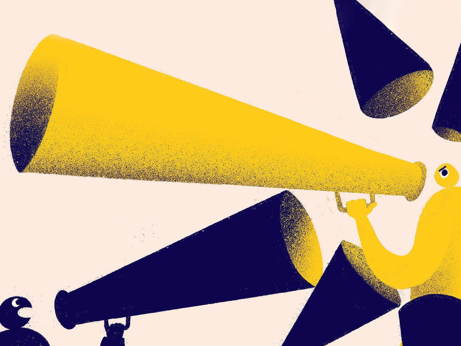 Illustration of a yellow figure holding a large yellow megaphone, surrounded by multiple megaphones. Smaller, silhouetted figures also hold megaphones, all pointing in various directions. The background is light and creates a contrast with the vibrant colors of the figures and megaphones.