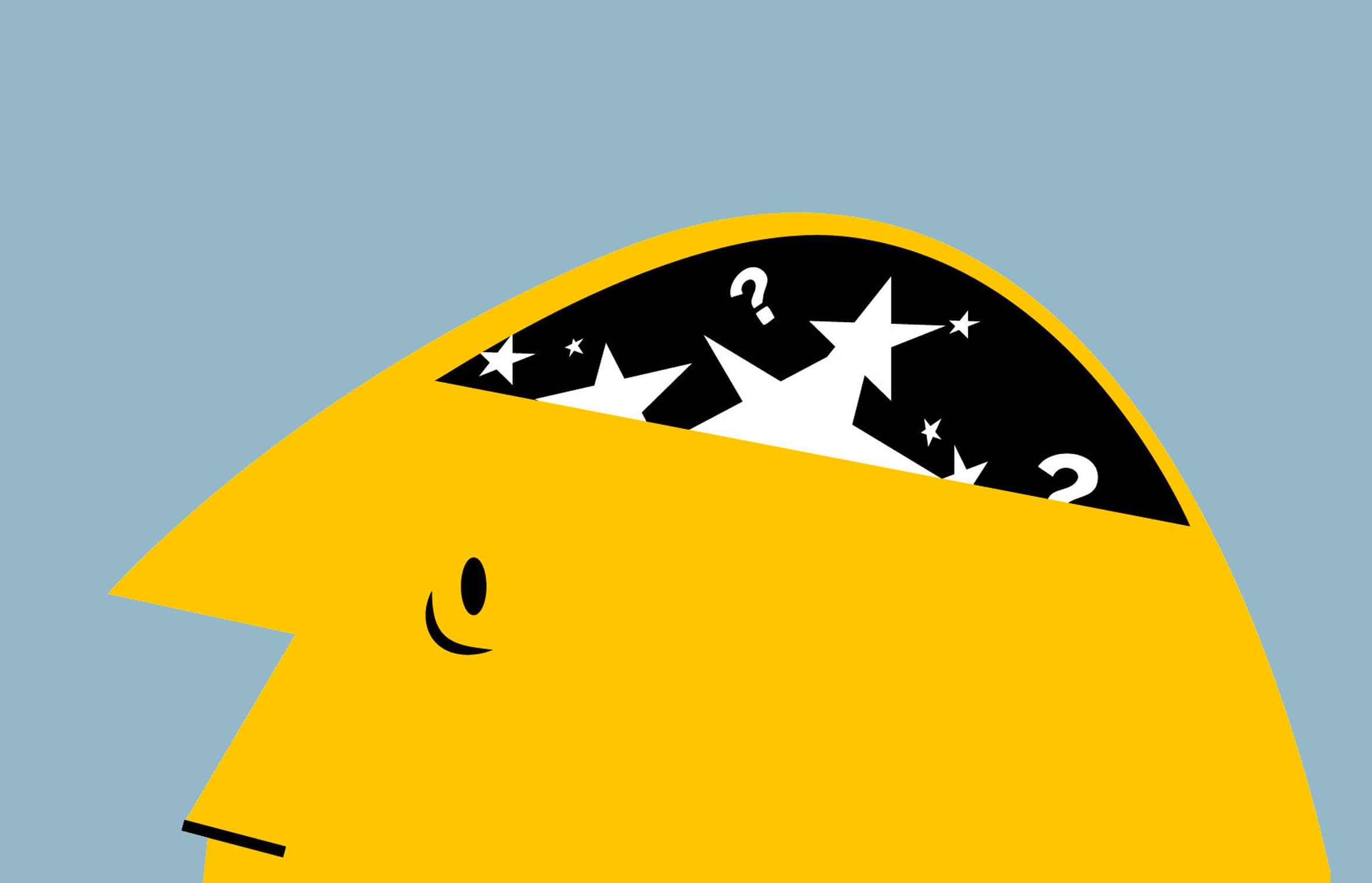 Illustration of a yellow cartoon-style head with the top portion open, revealing a dark interior containing white stars and question marks. The background is light blue, and the image conveys a sense of curiosity or pondering.