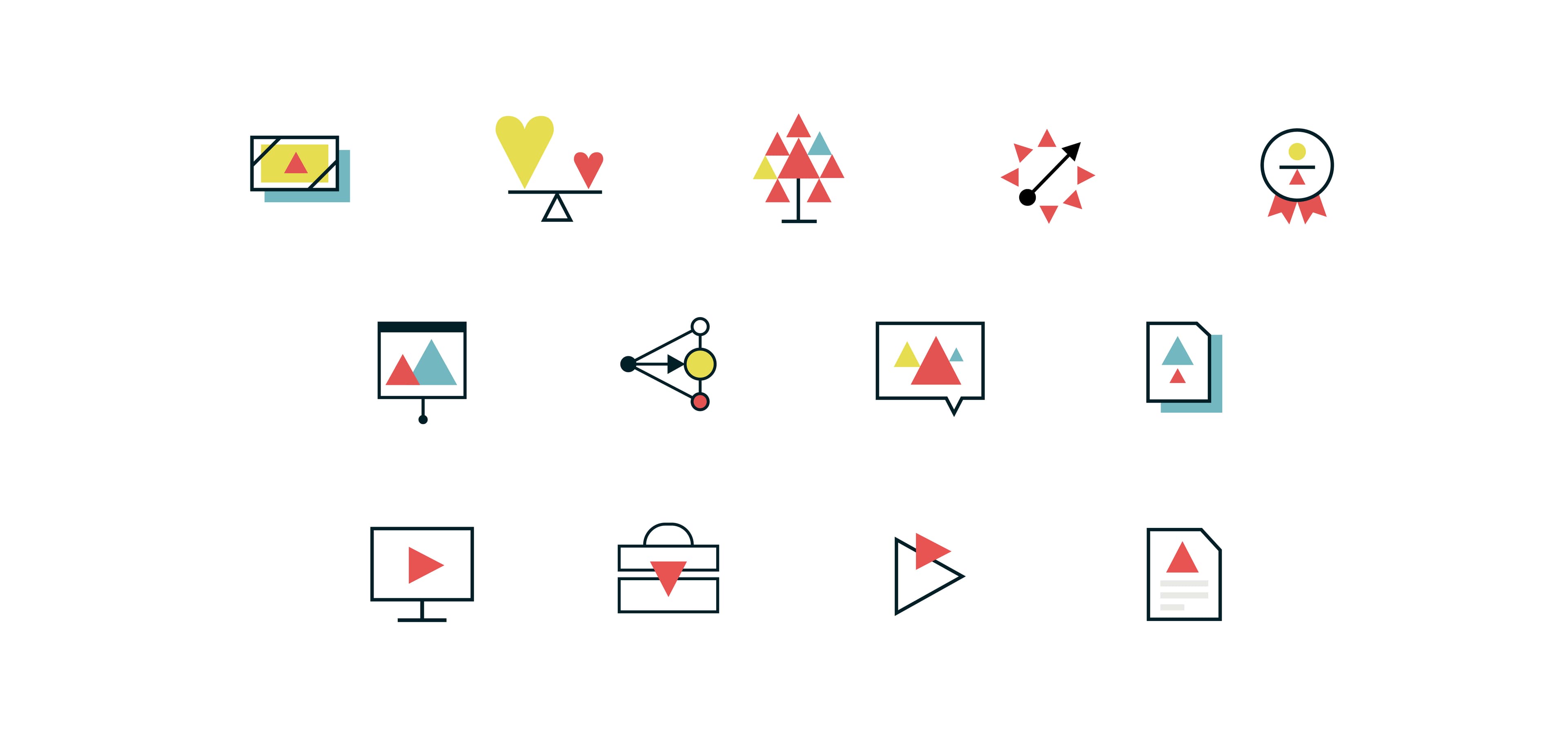 A grid of fifteen colorful abstract icons on a white background, featuring a mix of shapes such as triangles, circles, squares, lines, and symbols resembling graphs, presentations, medals, and play buttons.