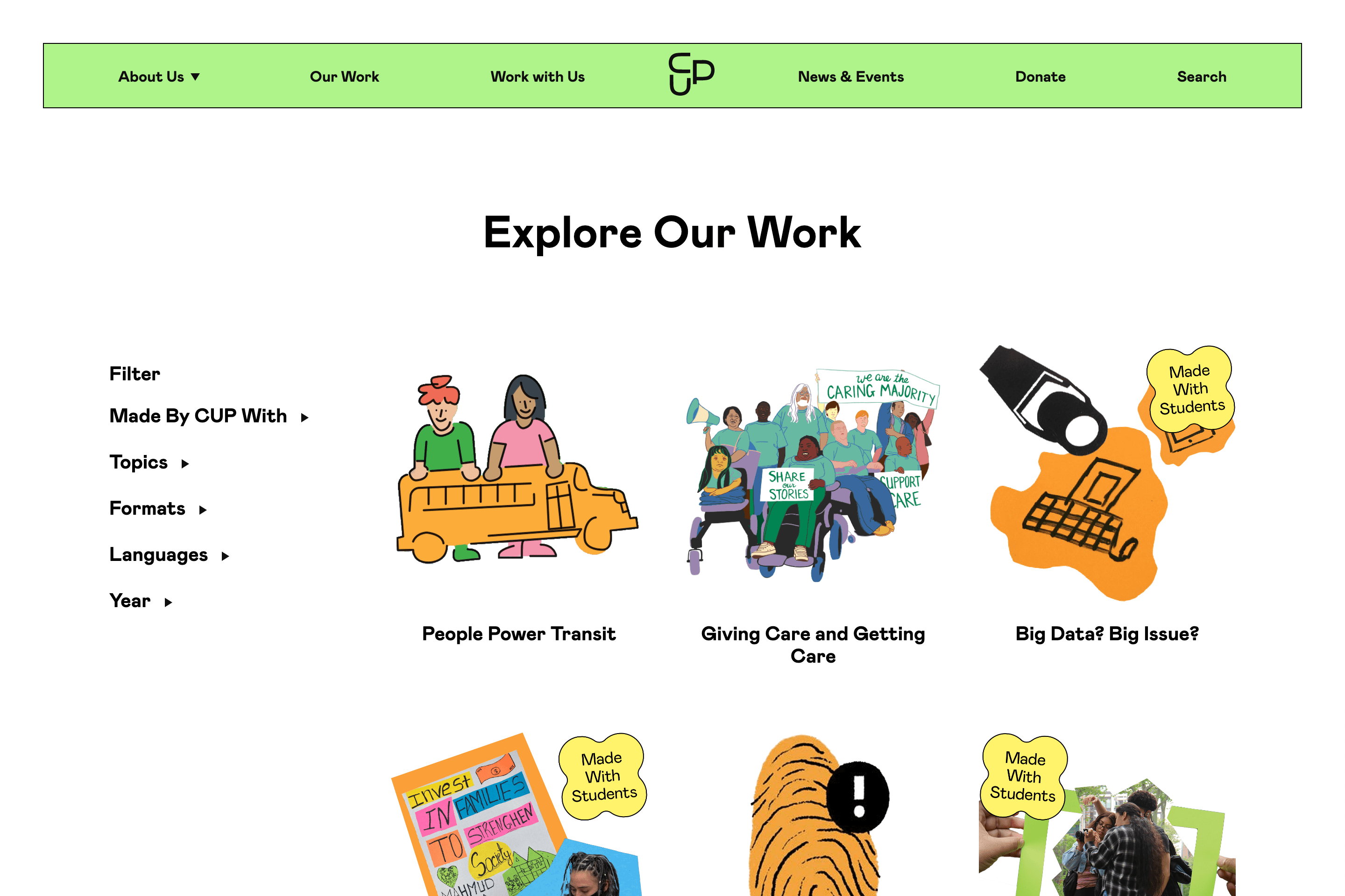 A webpage titled 'Explore Our Work' with a light green header displaying menu items: About Us, Our Work, Work with Us, News & Events, Donate, and Search. Below are illustrated project categories: People Power Transit, Giving Care and Getting Care, and Big Data? Big Issue?.