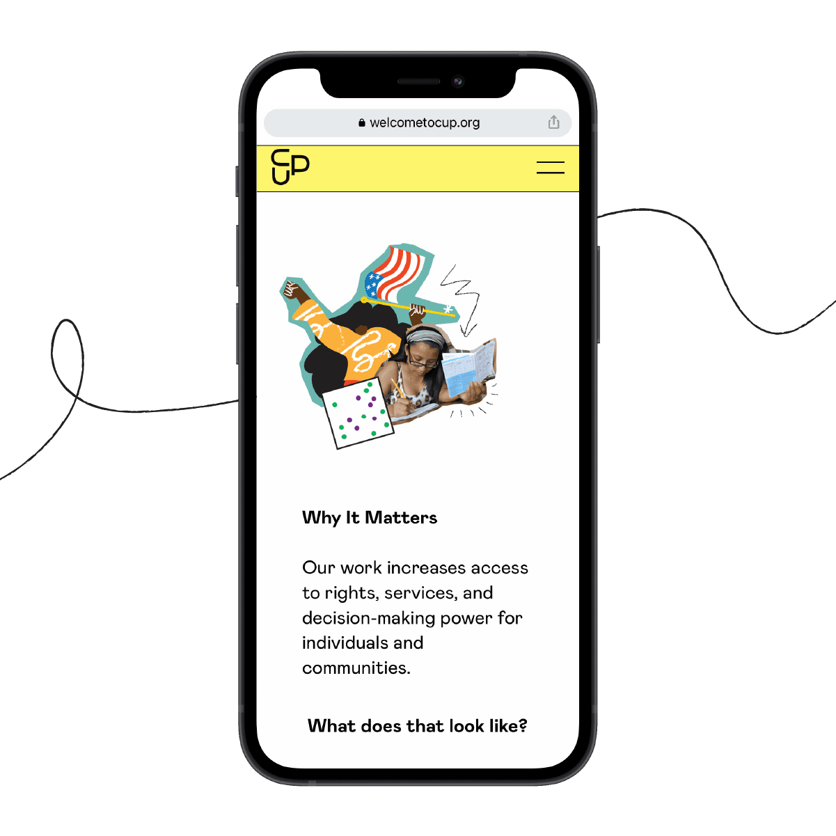 A smartphone displaying a website with the logo "CP" at the top. Below, a collage of icons including a book, stars, and the American flag. The text reads: "Why It Matters: Our work increases access to rights, services, and decision-making power for individuals and communities.