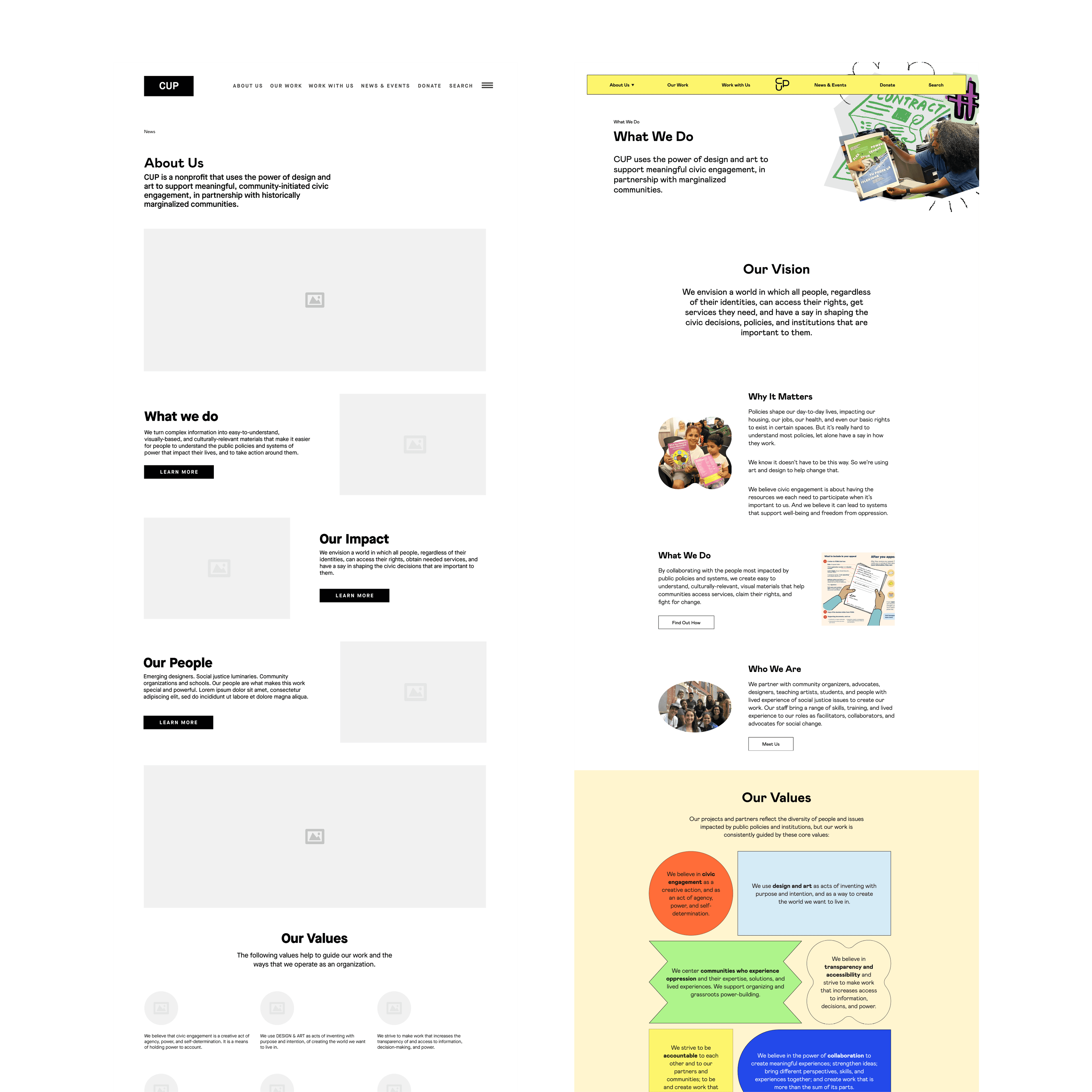 Side-by-side comparison of two webpage designs. The left page is minimalist with sections for About Us, What we do, Our Impact, Our People, and Our Values. The right page has colorful sections for What We Do, Our Vision, Why It Matters, What We Do, and Our Values.