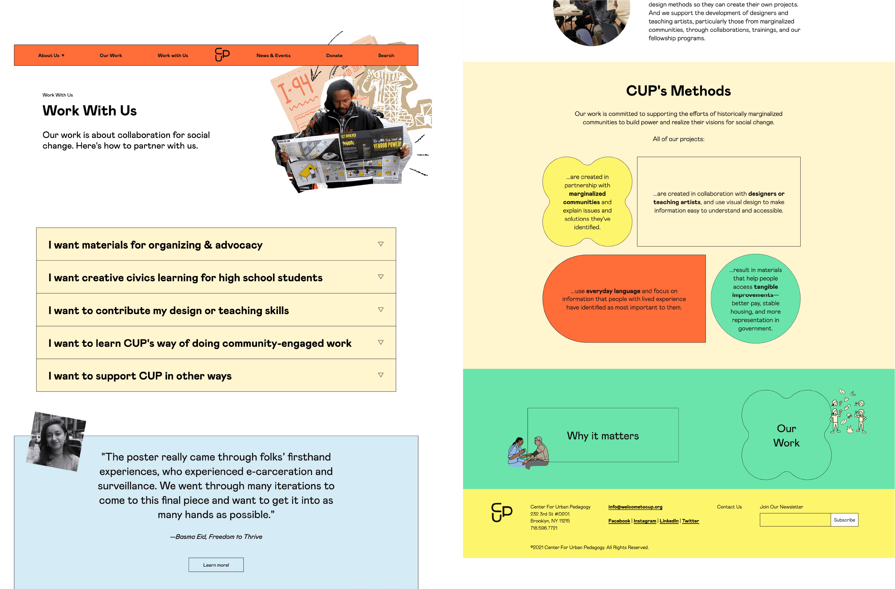 A webpage with a split design. The left side details ways to work with the organization, including materials for organizing, civic learning, design teaching, community partners, and supporting the organization. The right side explains the organization's methods and impact.