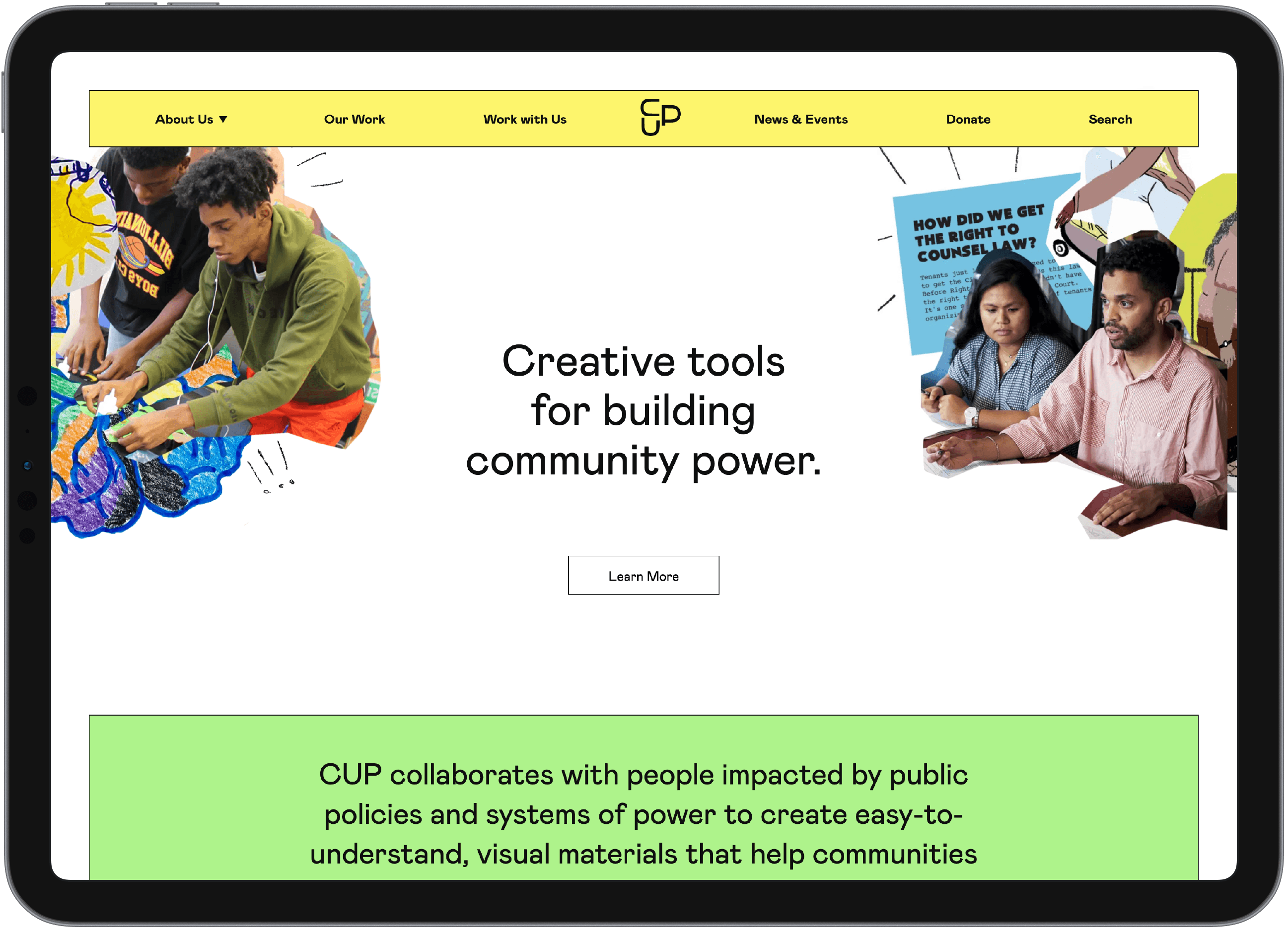 A tablet displays a webpage with the headline "Creative tools for building community power." The screen shows images of people working and collaborating. Below, there is a green section with text about collaborating with people impacted by public policies to create visual materials.