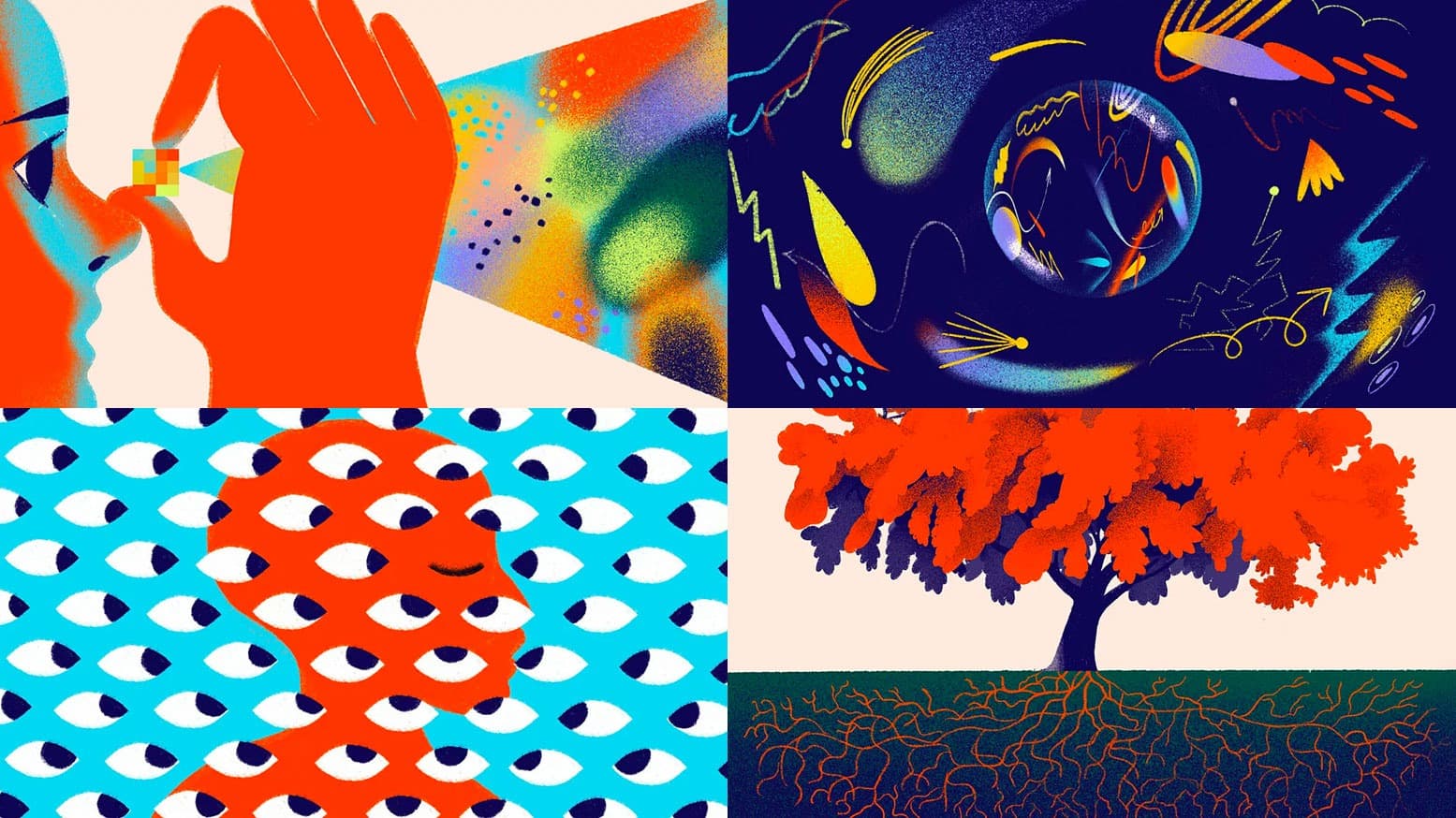 A divided illustration with four abstract panels. Top left: a person holding a prism projecting colorful light. Top right: celestial swirls and shapes. Bottom left: a profile with numerous eyes on a blue background. Bottom right: an orange tree with intricate roots.