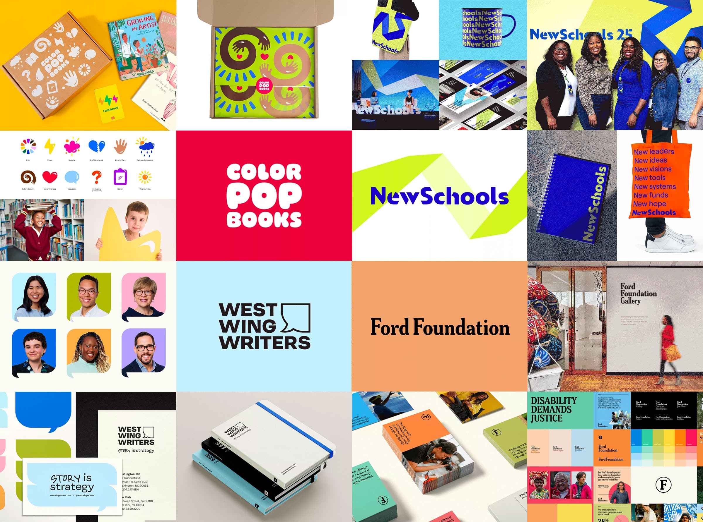 A colorful collage featuring various logos, books, brochures, office scenes, and people. Organizations showcased include Color Pop Books, West Wing Writers, Ford Foundation, and NewSchools. The design includes diverse stylistic elements and typography.