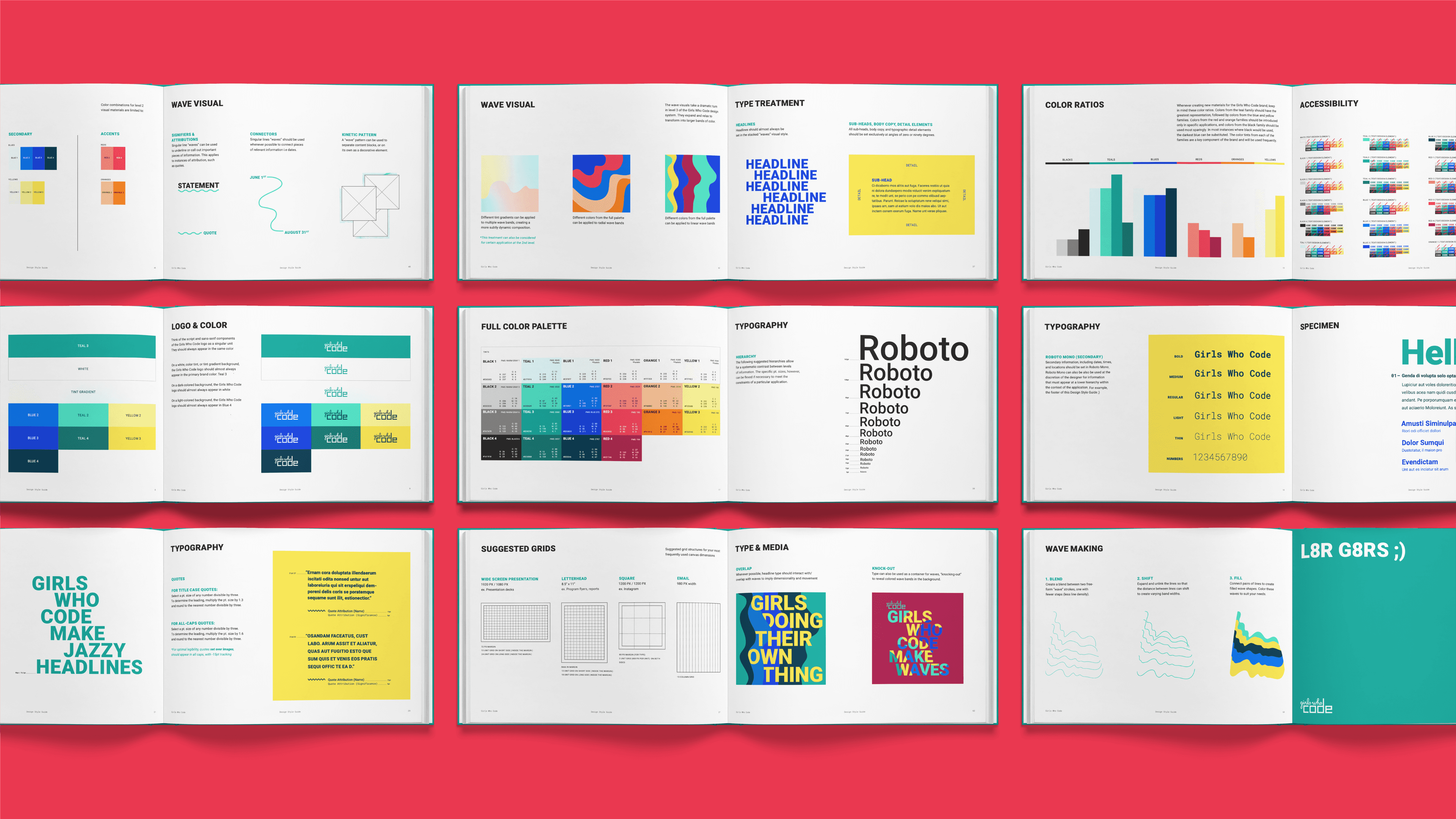 An open book lays flat on a red background, displaying various colorful pages with design elements. Pages include typography guides, color palettes, visual charts, accessibility tips, and sample layouts. The design is clean and modern, with a focus on clarity.