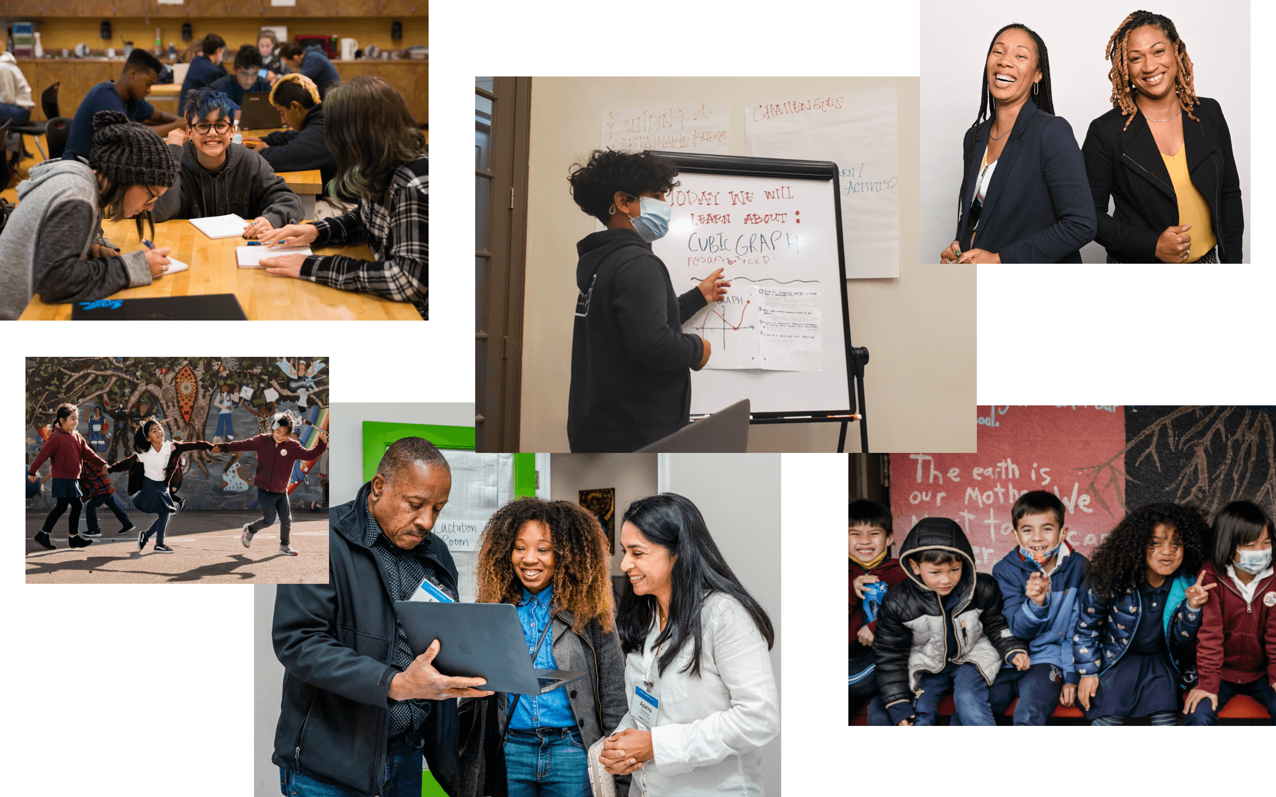 A collage showing diverse educational settings: students collaborating at a table, a person writing on a whiteboard, two people laughing, children playing outside, two adults discussing in a hallway, and young kids sitting on a bench smiling.
