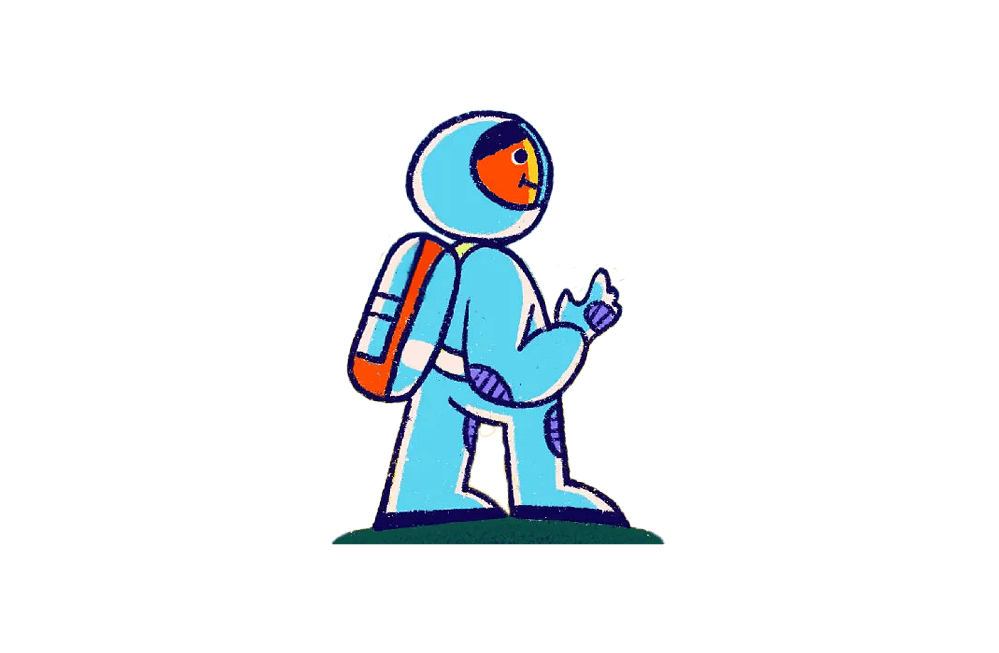 Cartoon astronaut with an orange helmet visor and a colorful backpack holding two flowers, walking on green grass against a blue and yellow gradient background.