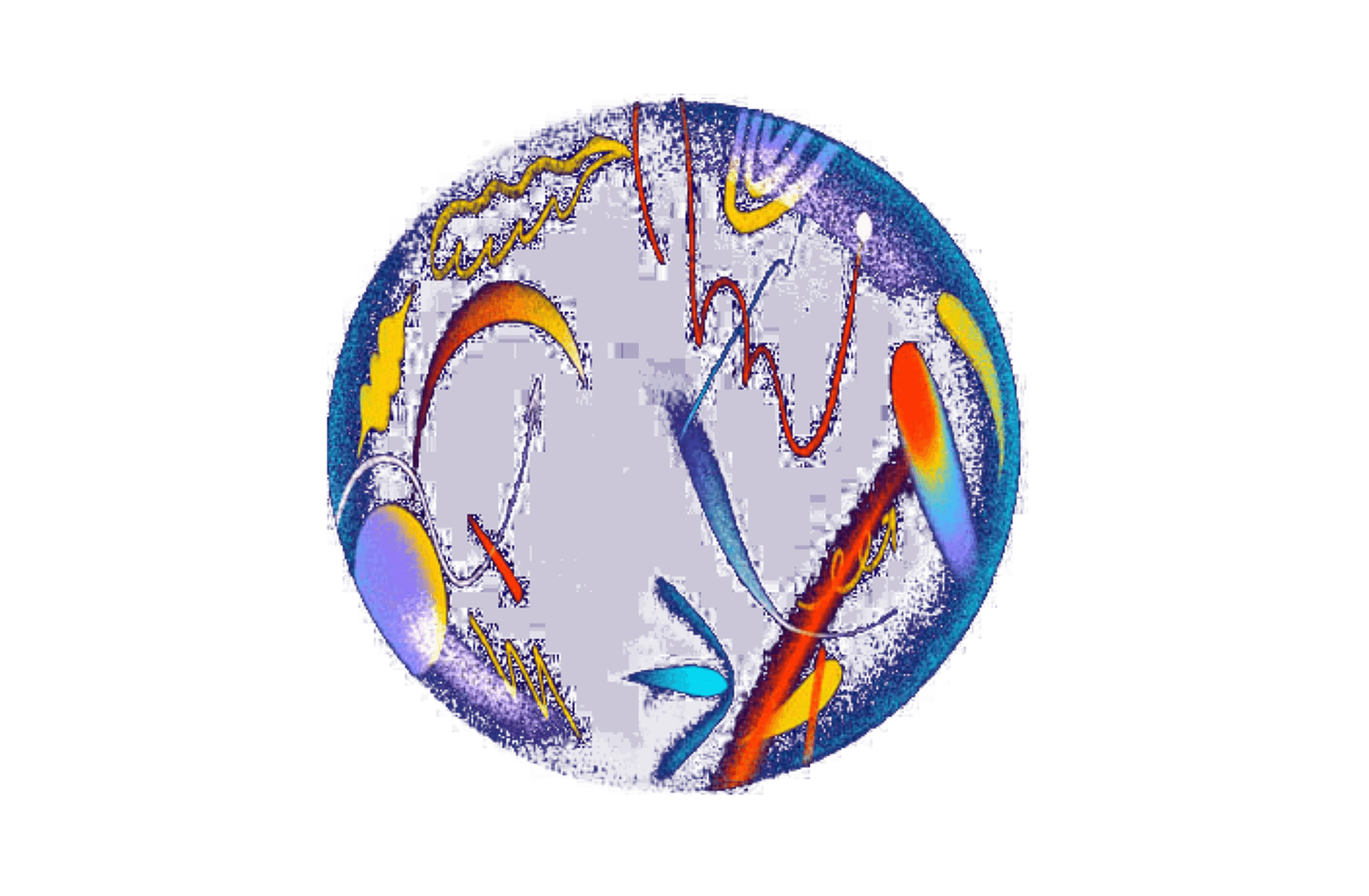 An abstract digital painting featuring a dark oval background with vibrant, swirling lines and shapes in bright colors such as yellow, red, orange, blue, and purple. The design appears dynamic and fluid, resembling cosmic or celestial elements.