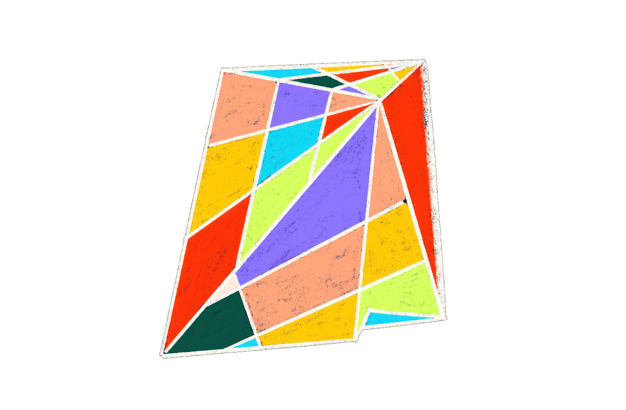 Abstract geometric artwork featuring a variety of colorful triangular shapes in orange, yellow, green, blue, purple, and red, arranged in a mosaic pattern. The shapes are outlined with thin white lines, creating a dynamic, vibrant design.