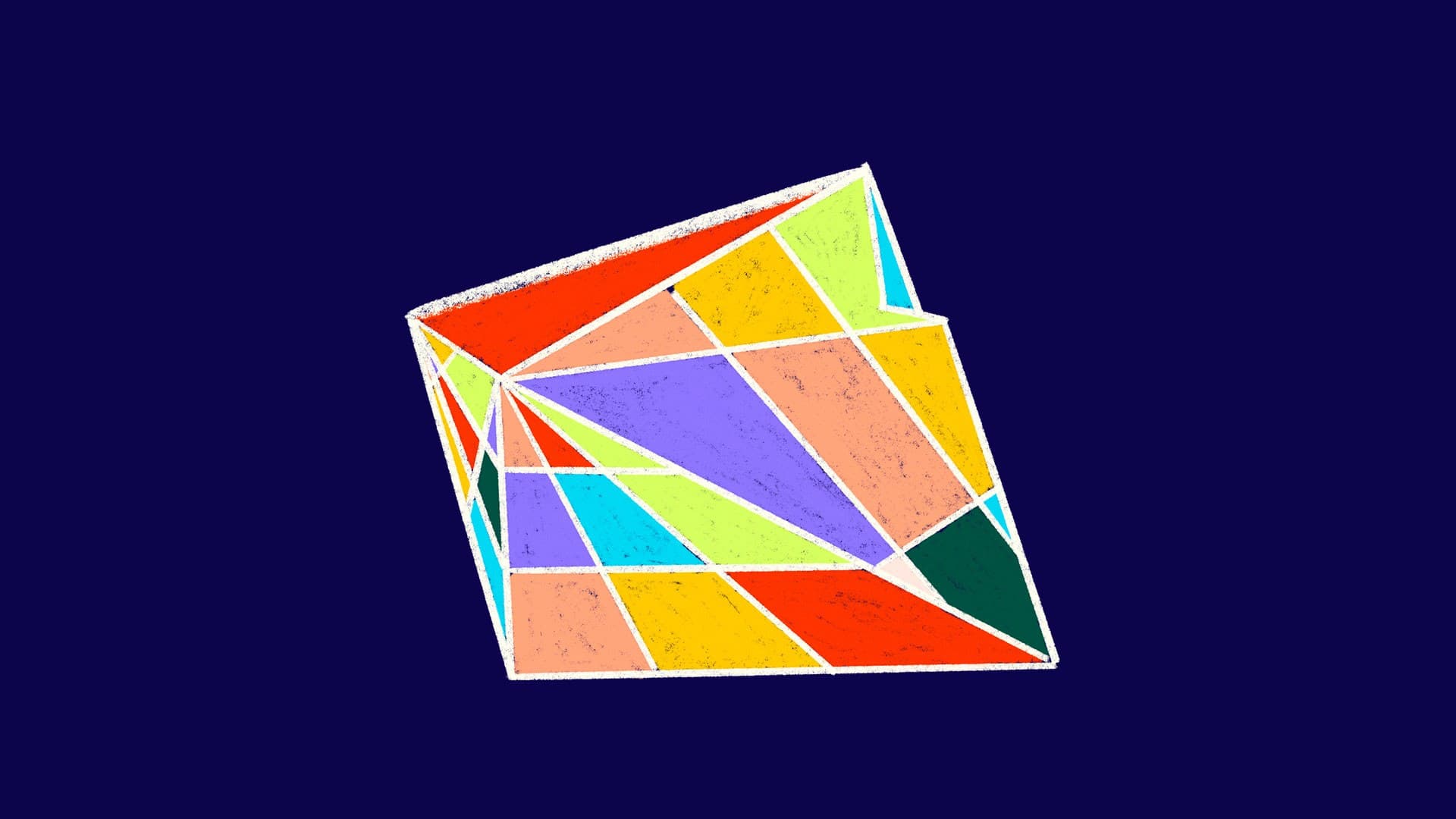 Abstract illustration of a skewed rectangular prism composed of various irregular geometric shapes in bright colors including red, orange, yellow, green, blue, and purple, set against a dark blue background.