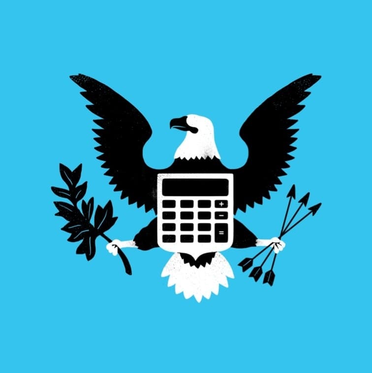 An illustration of a bald eagle with widespread wings on a light blue background. The eagle's body is replaced with a calculator. It holds an olive branch in its left talon and a bundle of arrows in its right talon.
