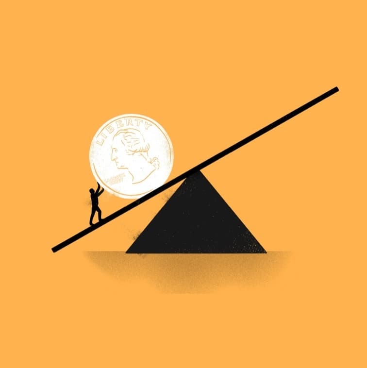 Illustration of a small person struggling to push a large coin labeled "LIBERTY" up one side of a seesaw, which is balanced on a triangular pivot against an orange background.