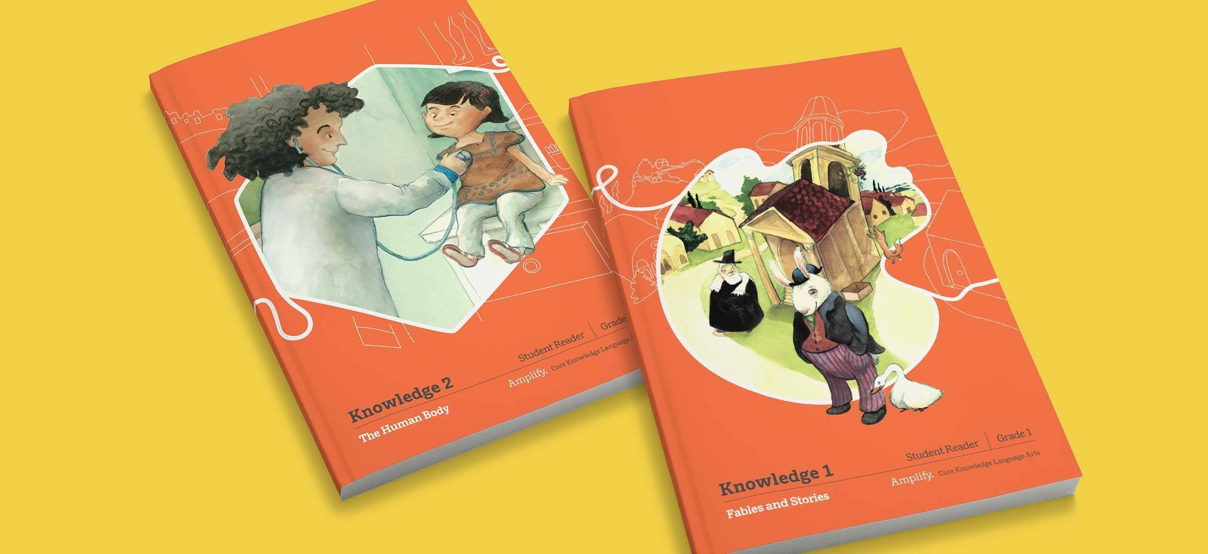 Two educational book covers against a yellow background. The first book, labeled "Knowledge 2," features an illustration of a doctor examining a child. The second book, labeled "Knowledge 1," shows a fox character in a village setting. Both are study readers for Grade 1.