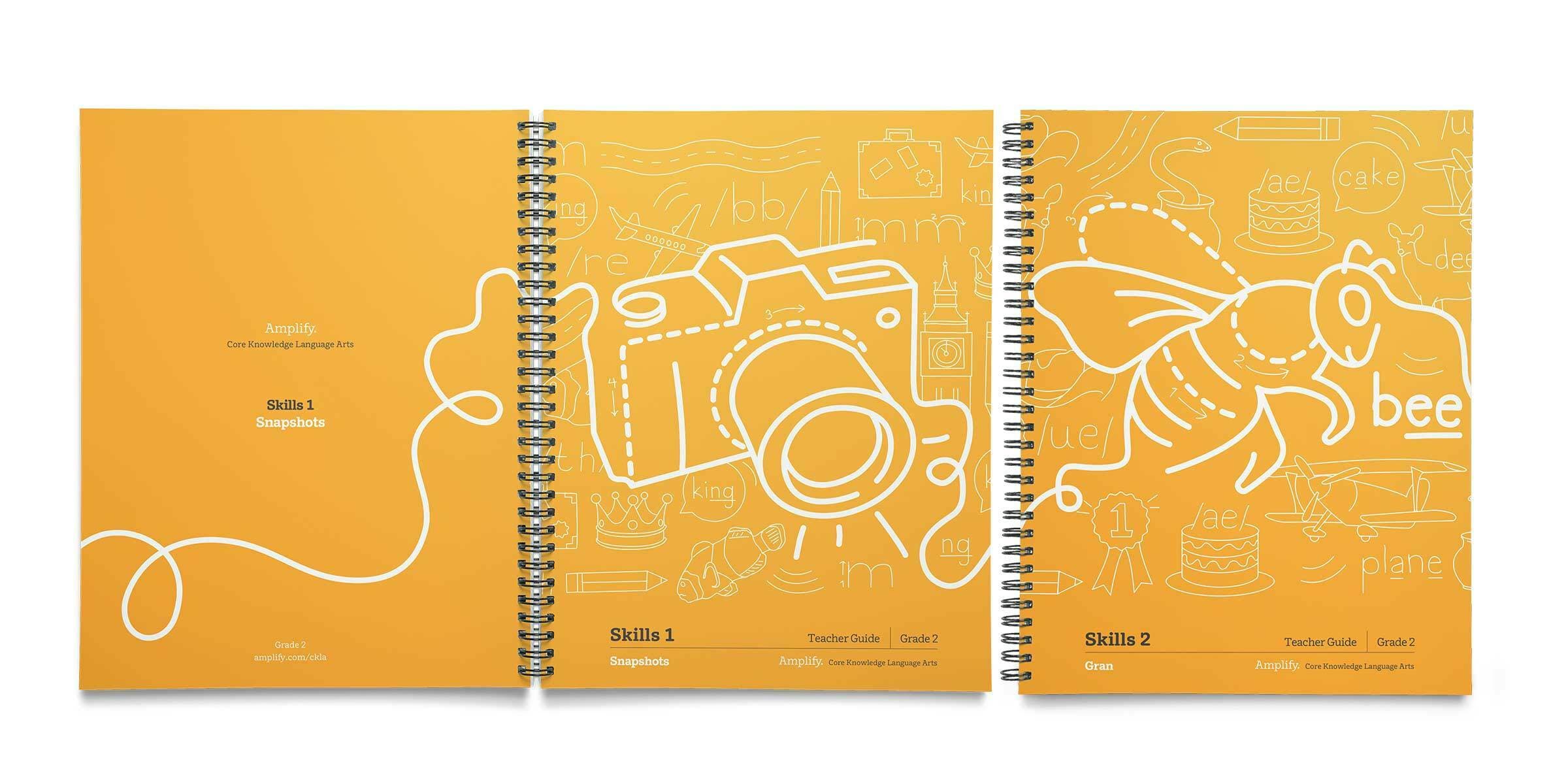 Three spiral-bound educational booklets with yellow covers featuring white line drawings. The left booklet has a blank cover with "Skills 1" in the center, the middle booklet shows a camera, and the right booklet displays a bee and the word "bee" amidst doodles.
