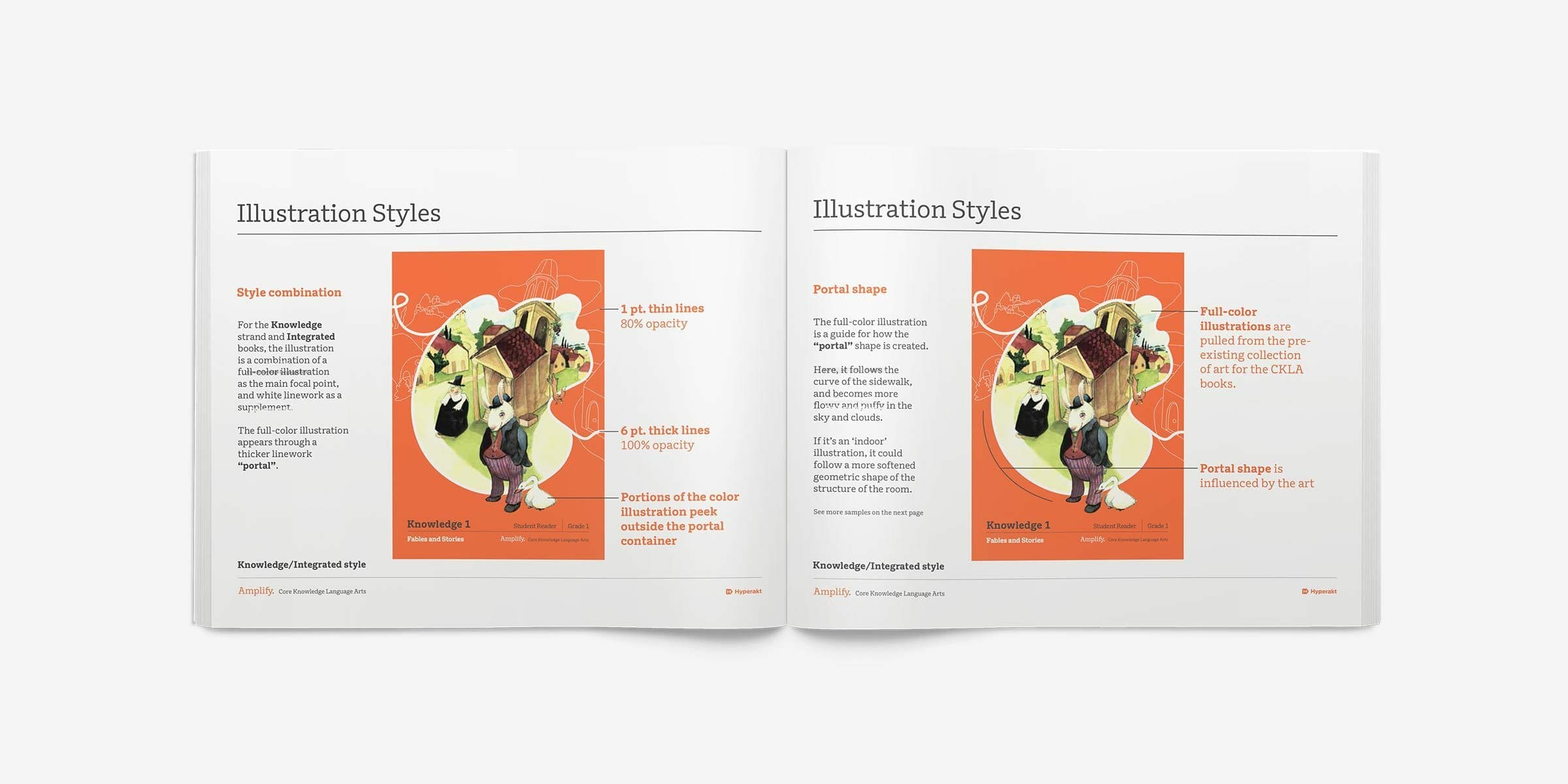 A book spread titled "Illustration Styles" displays a colorful illustration of a character holding various items. The left page discusses "Style combination" while the right page covers "Partial shape" and "Post-color illustration." Both pages contain detailed text and visuals.