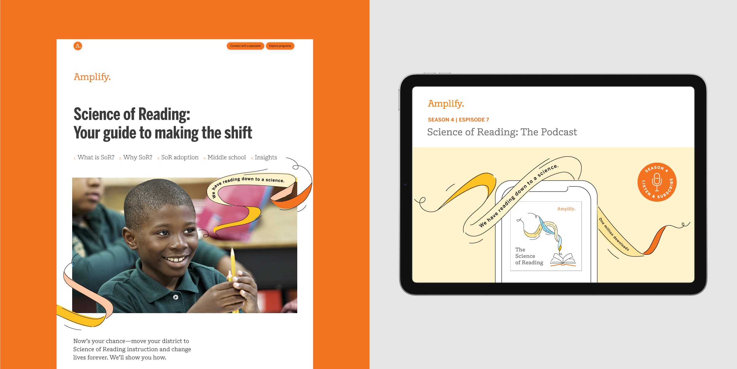The image shows a split design with the left side displaying a webpage titled "Science of Reading: Your guide to making the shift," featuring a smiling child and an undulating ribbon. The right side shows a tablet screen with the podcast "Science of Reading The Podcast.