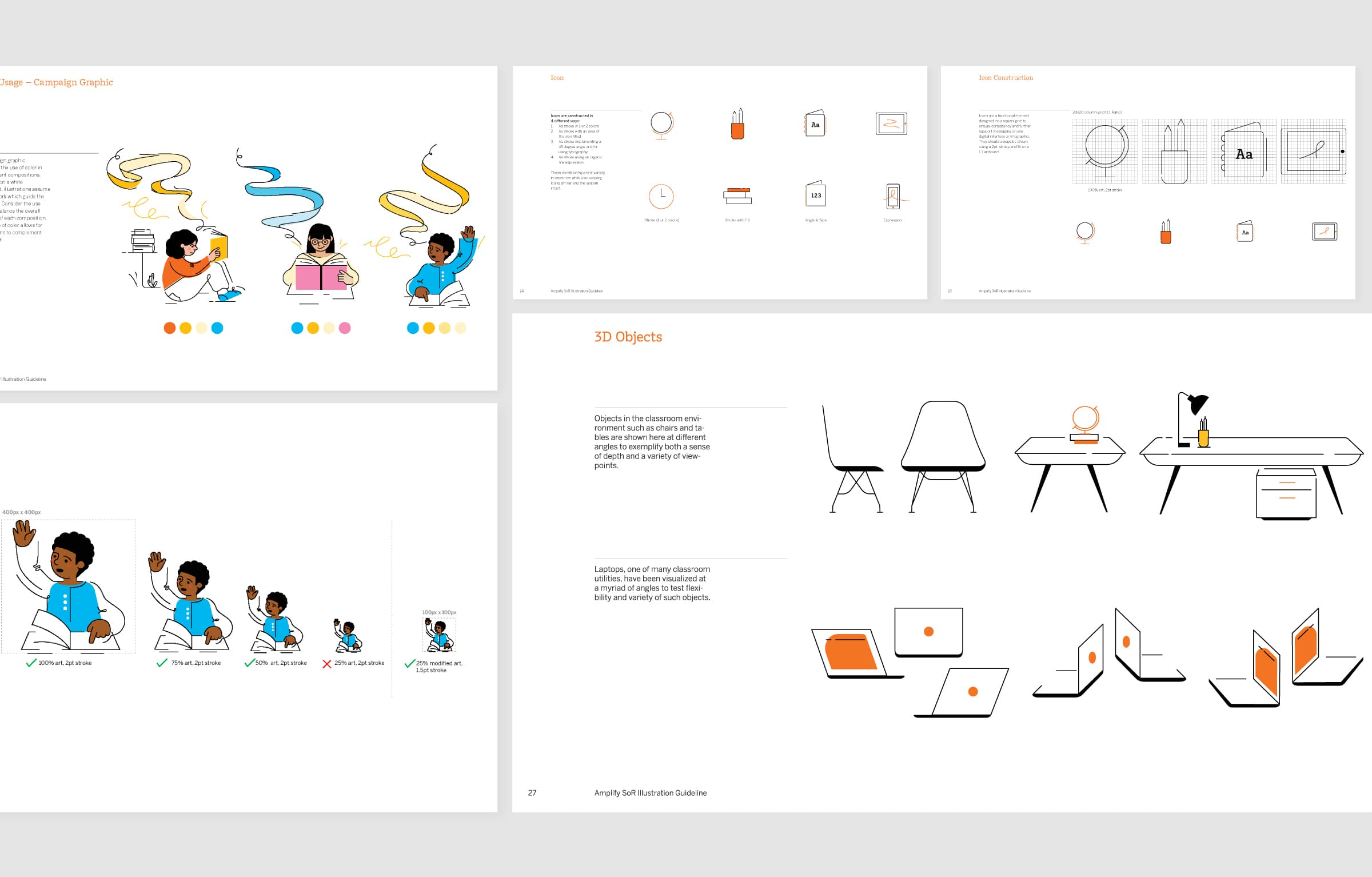 A detailed design guide featuring sections on changing diapers, breastfeeding, 3D objects, proper and improper diapering methods, 3D object dimensions, and digital devices. Illustrations of parents with babies, chairs, tables, and various digital gadgets are included.