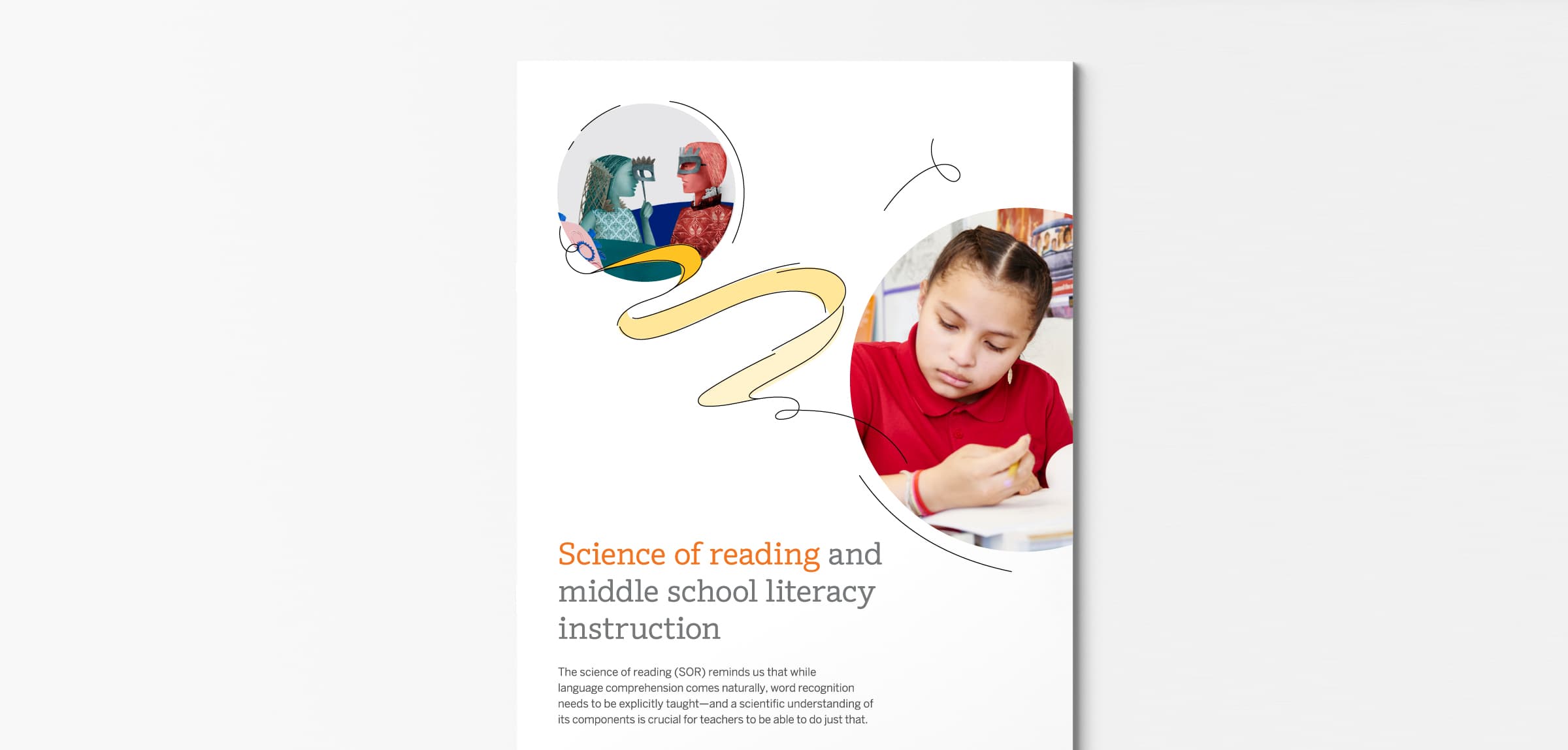 A poster titled "Science of Reading and Middle School Literacy Instruction." It features a child in a red shirt writing in a notebook, with an illustrated pencil curving toward two smaller circular images of diverse people reading. Text in orange and gray provides details.