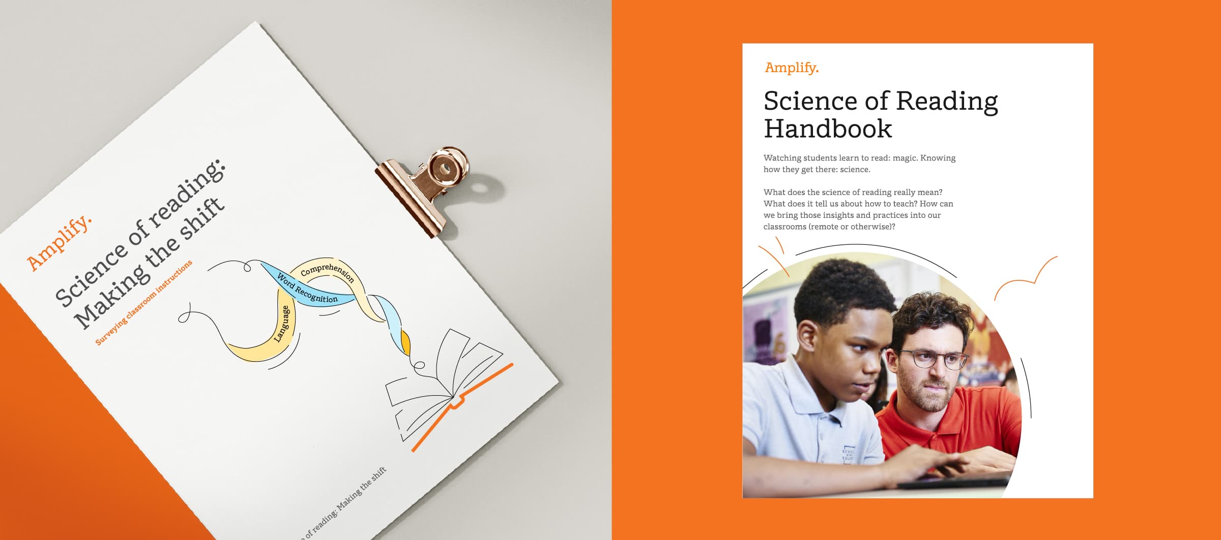 An image featuring two sections: on the left, a pamphlet titled "Science of Reading: Making the Shift" with illustrations of arrows and an open book; on the right, a handbook titled "Amplify Science of Reading Handbook" showing a teacher helping a student with text.