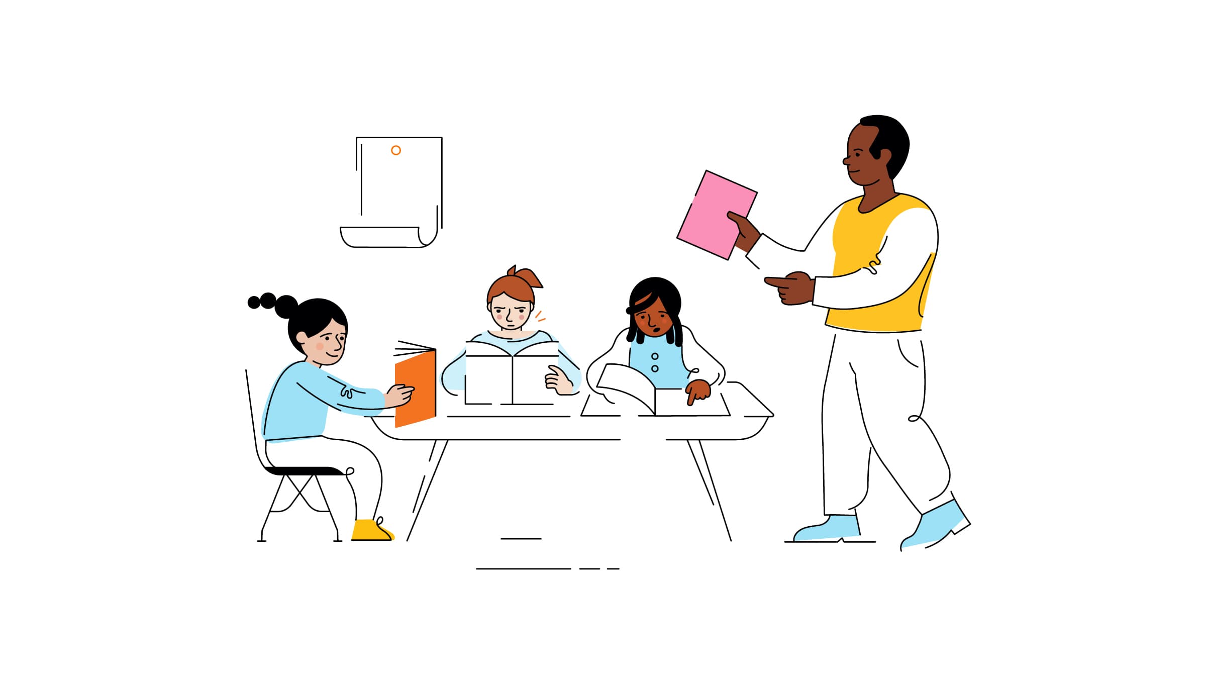 Illustration of three children sitting at a table, reading books, with a teacher standing nearby holding a pink book. The children appear engaged in their reading, while the teacher looks on, prepared to assist. A wall-mounted device is visible in the background.