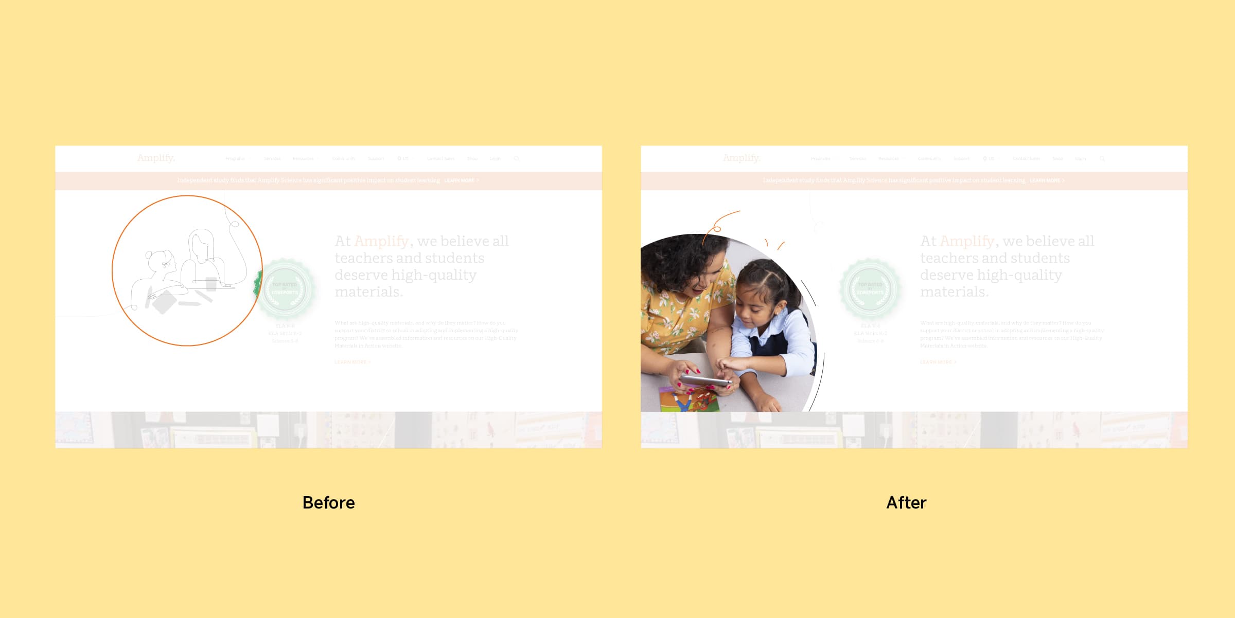 An image showing a website interface update. On the left, the "Before" version displays people outlined in grey. On the right, the "After" version features a colored image of a teacher helping a student, making the website more engaging.