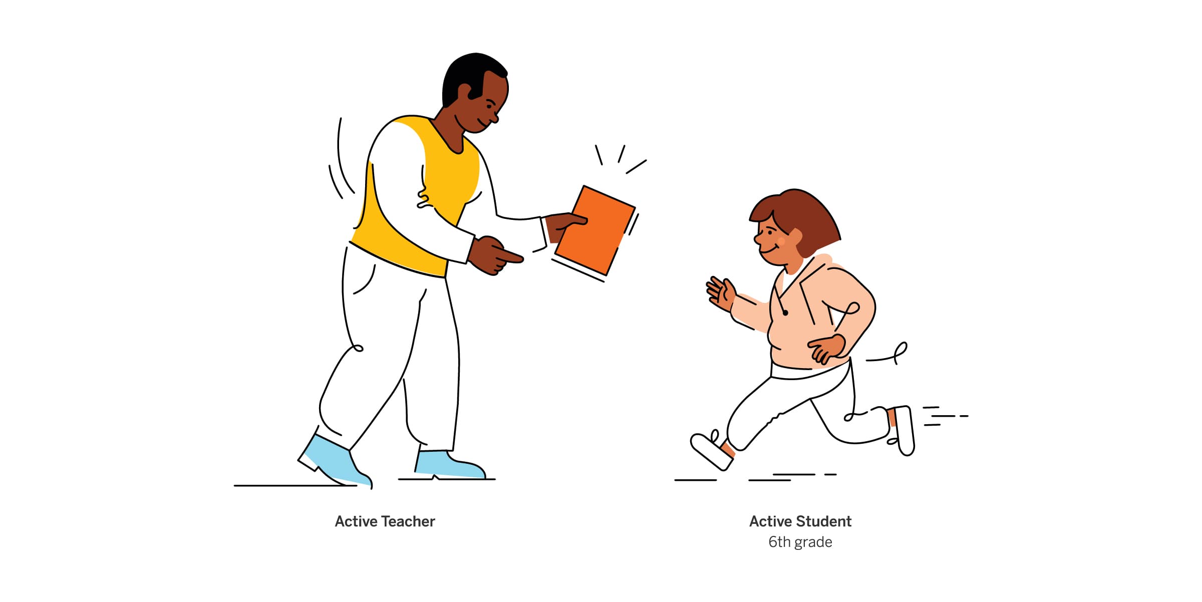 Illustration of an active teacher handing an orange book to an active sixth-grade student who is running towards them. The teacher wears a yellow vest over a white shirt and white pants, while the student is in a light pink hoodie and white pants.