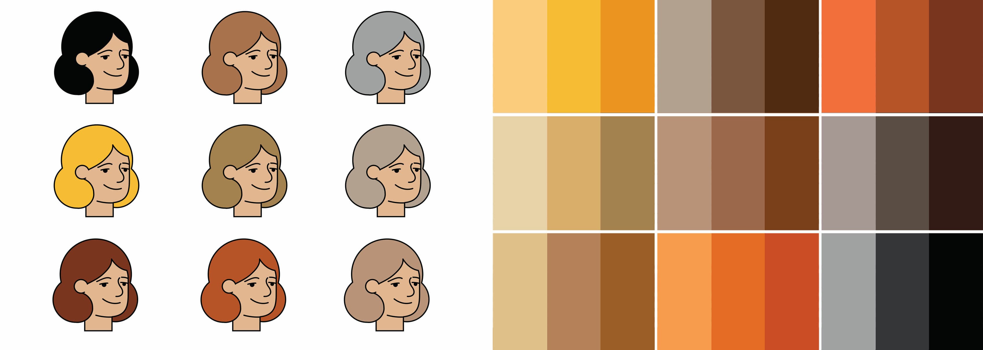 Illustration featuring nine faces with varied hair and skin tones on the left. The right side shows a color palette with various shades ranging from light to dark, organized in a grid.