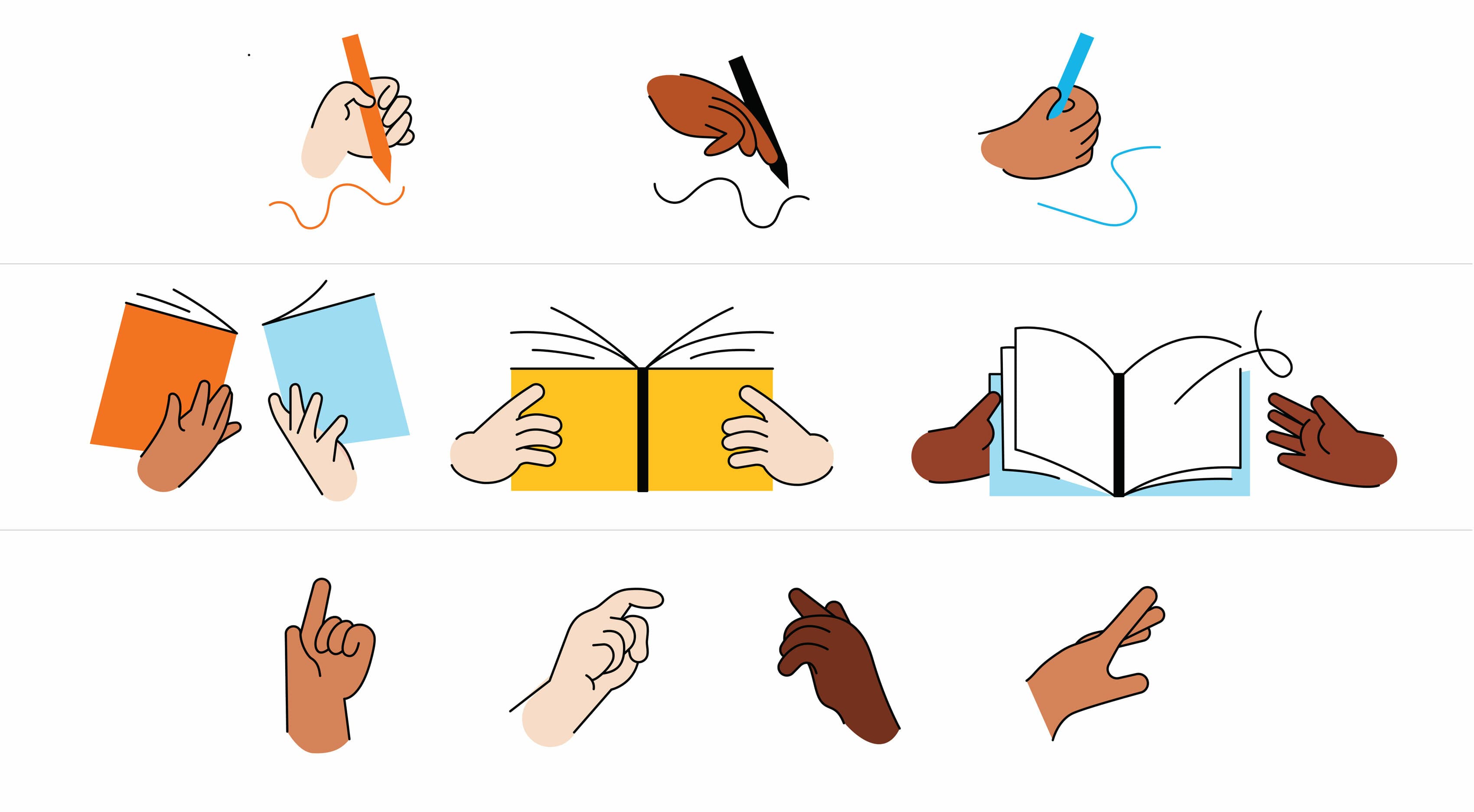 A set of illustrated hands performing various actions. Top row: hands holding writing tools and scribbling. Middle row: hands holding books. Bottom row: hands pointing, snapping, and making gestures. Each action is depicted with diverse skin tones.
