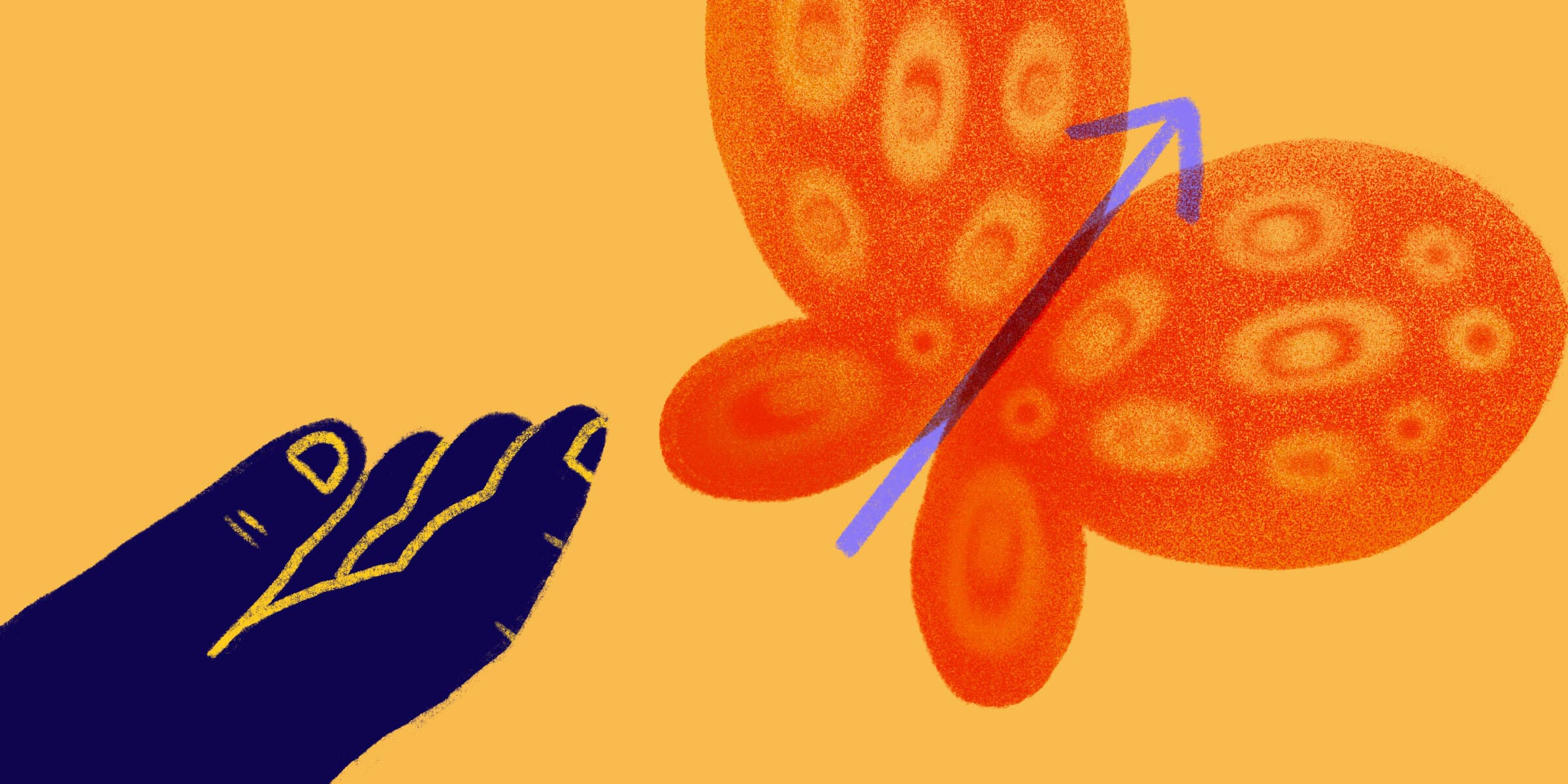 A stylized illustration features an orange butterfly with circular patterns on its wings, flying away from an outstretched dark blue hand. The background is a solid yellow color. An upward-pointing arrow overlays the right wing of the butterfly.