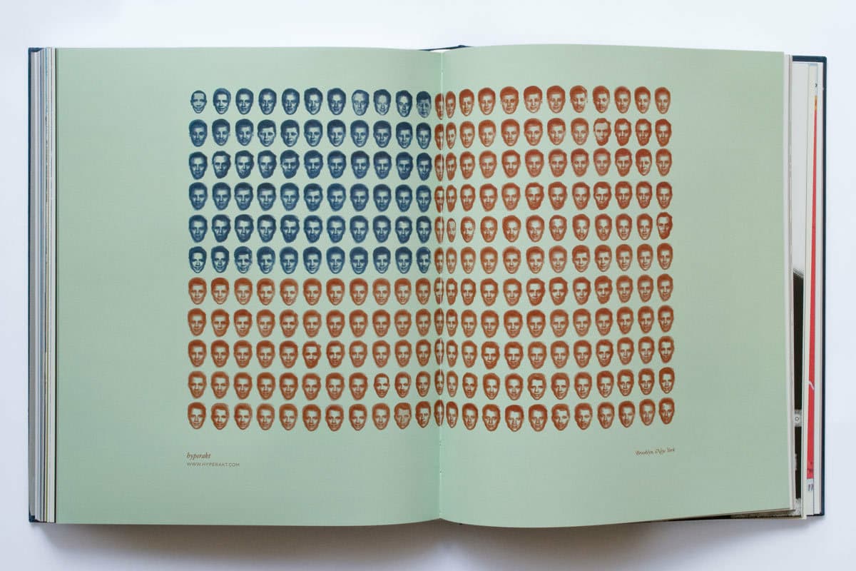 An open book lays flat displaying a pattern of small head icons arranged in a flag-like design. The left side of the "flag" has blue icons and the right side has brown icons, spread out across two pages. The background of the pages is light green.