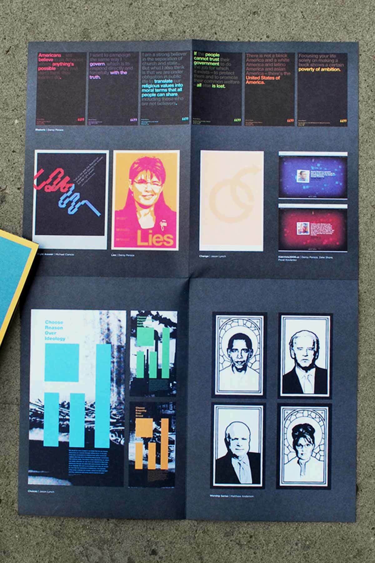 An open magazine displays various pages with vibrant designs and graphics. The top section features text boxes with bold fonts. The middle section includes colorful portraits and abstract art. The bottom section shows bar graphs and illustrated portraits of people.