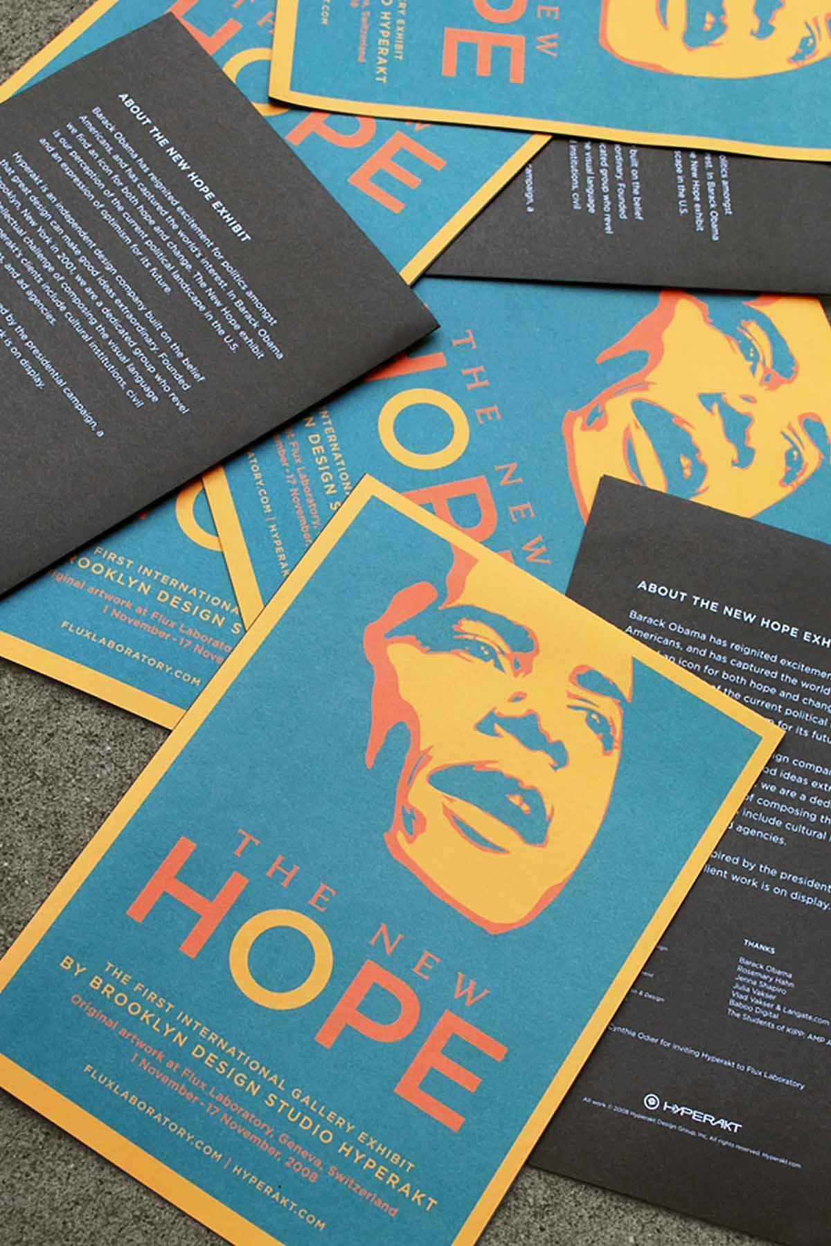 A series of vibrant blue and yellow pamphlets titled "The New Hope" featuring stylized illustrations of a person's face. The pamphlets announce an international gallery exhibit by Brooklyn design studio Hyperakt, with additional information on the back.