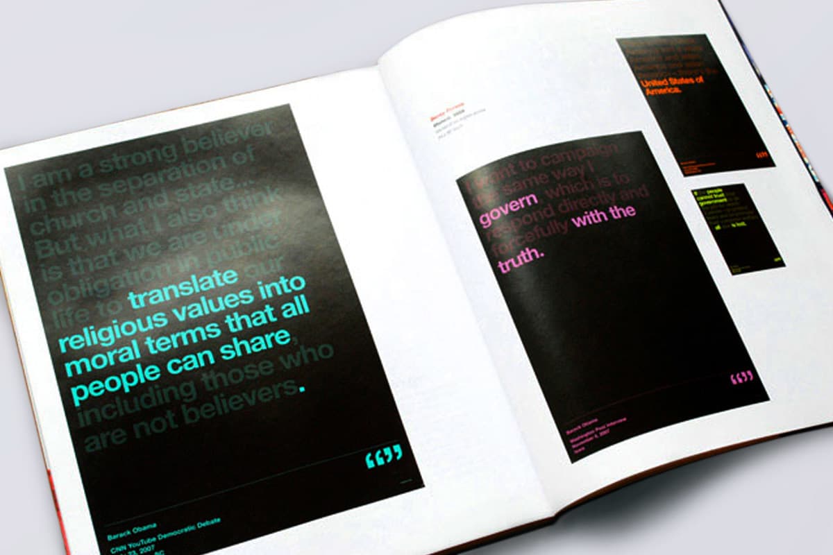 An open book featuring pages with quotes in large text. The left page has a quote in blue and green text on a dark background, while the right page contains multiple smaller quotes in various colors. The design uses contrasting colors for emphasis.