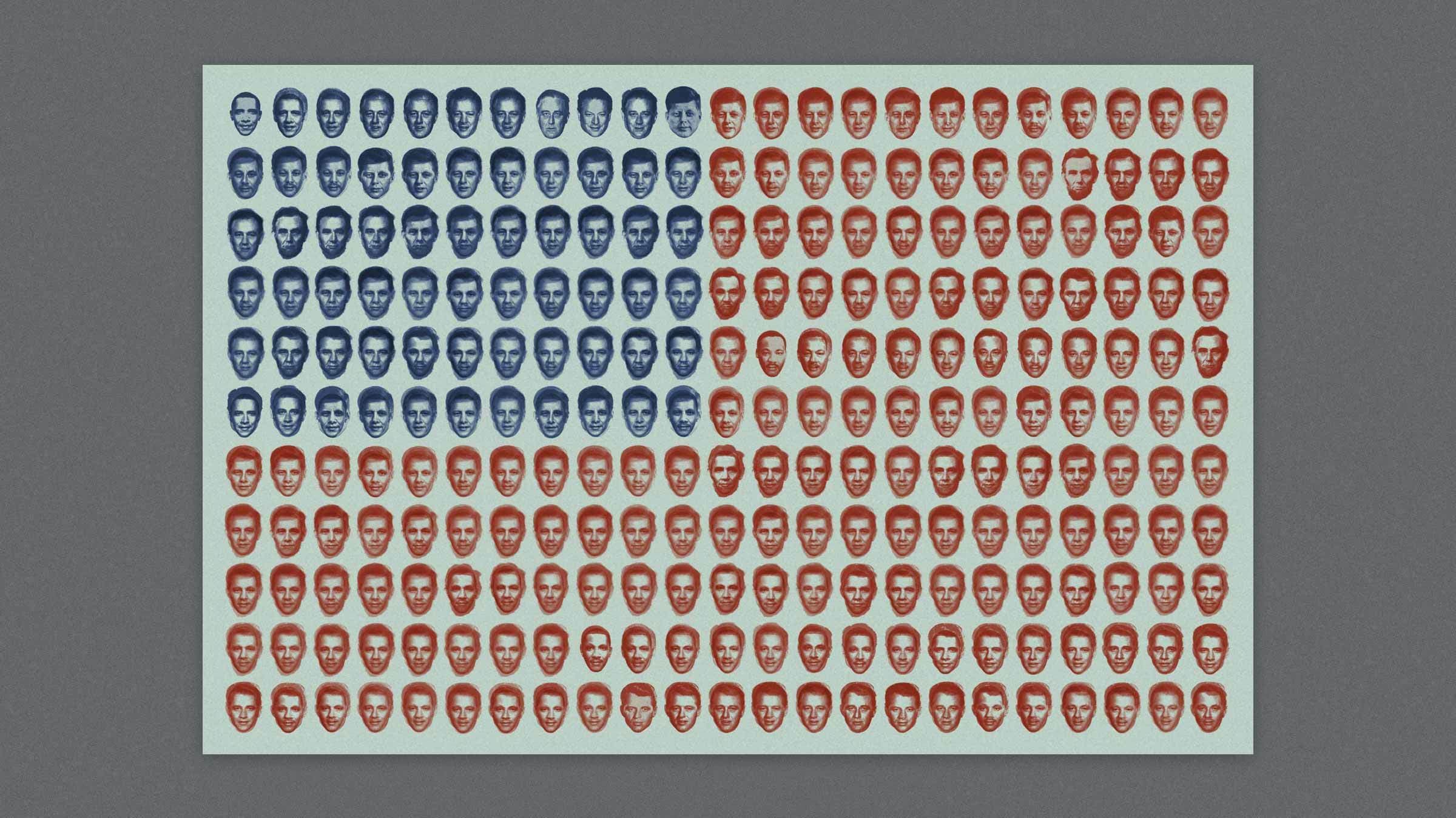 An illustration of the US flag composed of black-and-white faces. Blue faces form the flag's canton with 50 faces arranged in rows, and the 13 stripes are made up of alternating rows of red faces and white background. The entire flag has a gray border around it.