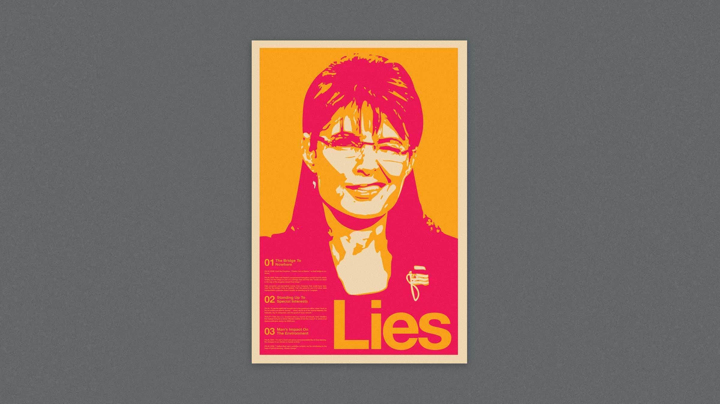 A colorful poster features a smiling woman with glasses against an orange background. The word "Lies" is prominently displayed in large text across the bottom. The poster includes a list titled "01," "02," and "03" with additional small text below each number.
