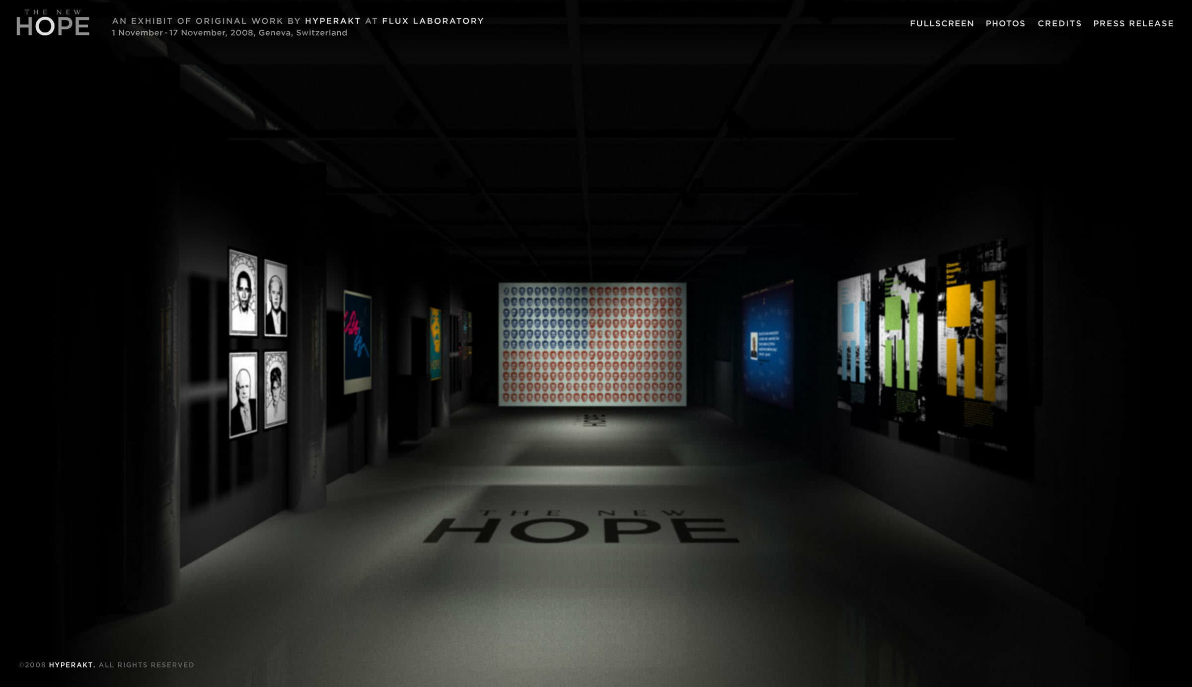 A dimly-lit art gallery showcases various framed artworks on dark walls. "THE NEW HOPE" is illuminated on the floor. A large patterned piece is featured prominently on the far wall. The atmosphere is modern and minimalist.