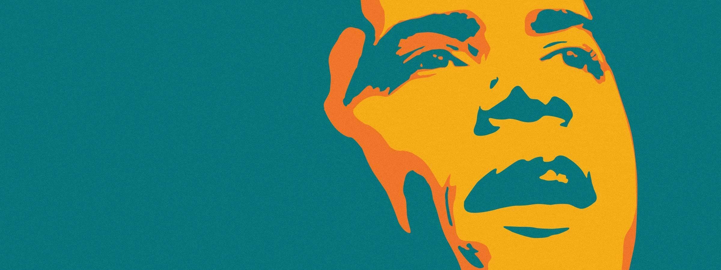 Abstract image in vibrant colors portraying a stylized human face. The face, composed of yellow and orange hues, is set against a teal background. The facial expression suggests a sense of wonder or contemplation.