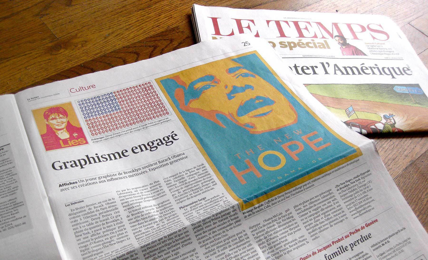A newspaper lies open on a wooden surface, displaying an article with a large, colorful illustration of a face and the words "THE NEW HOPE." Another folded newspaper, titled "LE TEMPS," is partially visible in the background.
