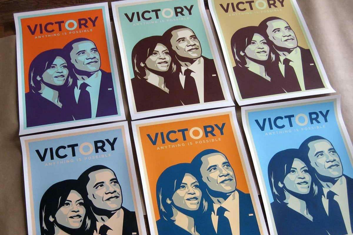 Six posters featuring stylized portraits of a man and woman with the word "VICTORY" at the top and the phrase "ANYTHING IS POSSIBLE" underneath, in various color schemes including blue, green, and orange.