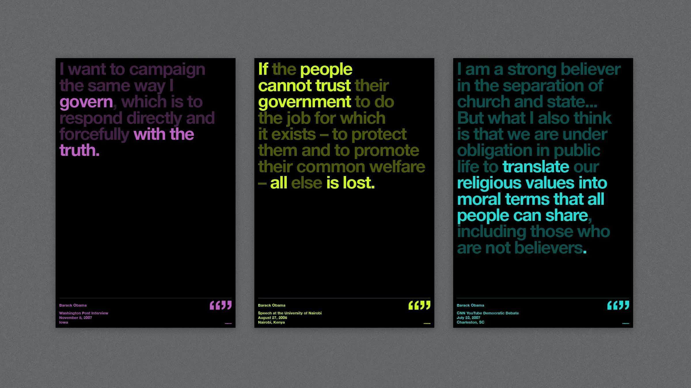 Three posters with quotes in vibrant colors: a purple poster with a quote about governance and truth, a yellow poster about government trust and welfare, and a cyan poster about church-state separation and translating religious values to public life.