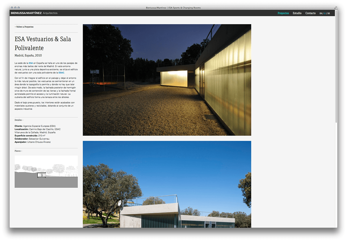 A webpage showcasing architectural designs by BIENCUADRADO. The top image displays a modern building with illuminated glass walls at night. The lower image shows the same building during the day surrounded by trees. The sidebar provides a detailed project description.