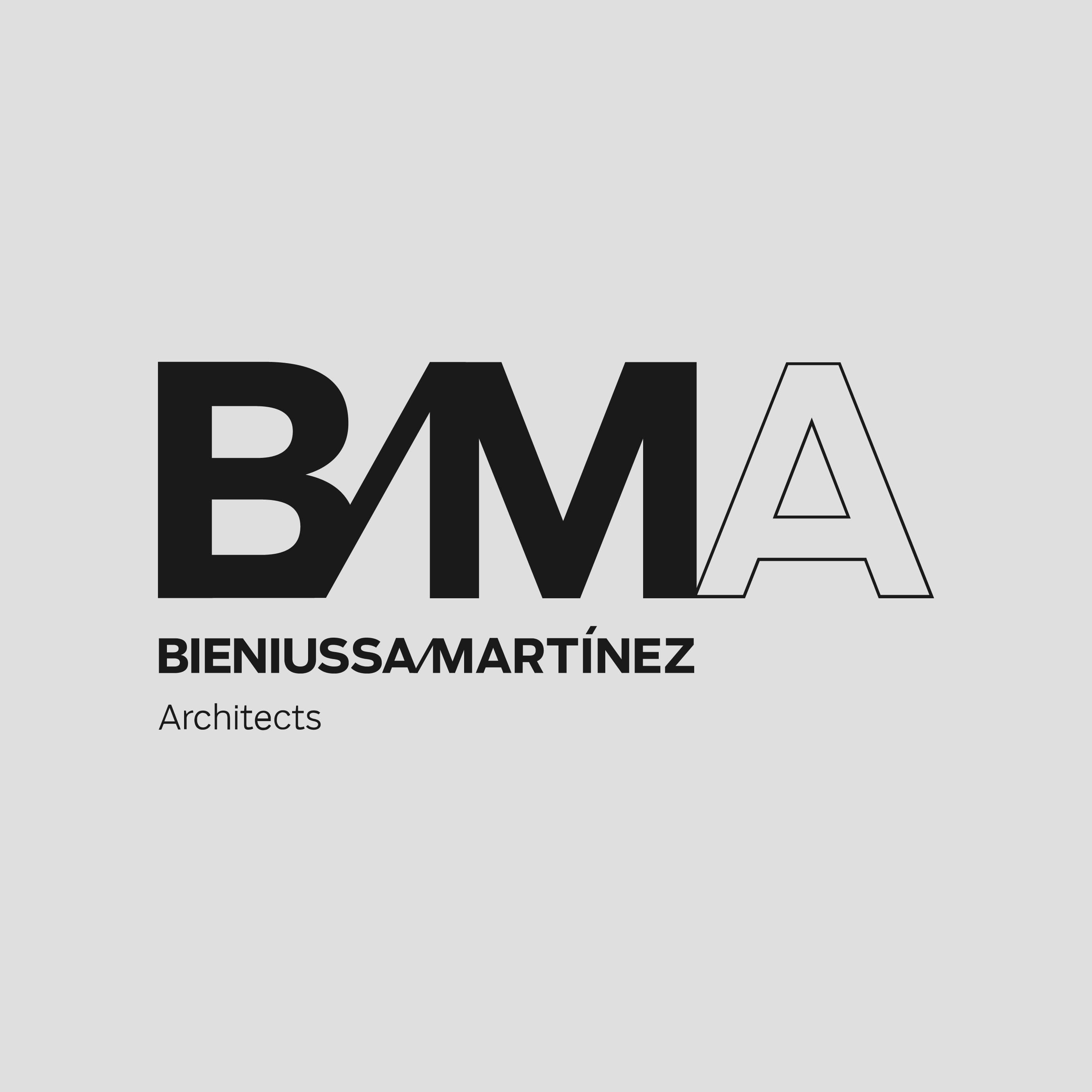 The image features the logo for Bieniussa Martínez Architects. The logo consists of the bold capital letters "BM" in black, followed by an outlined letter "A." Beneath the main letters, the full text "BIENIUSSAMARTÍNEZ" and "Architects" are written in black.