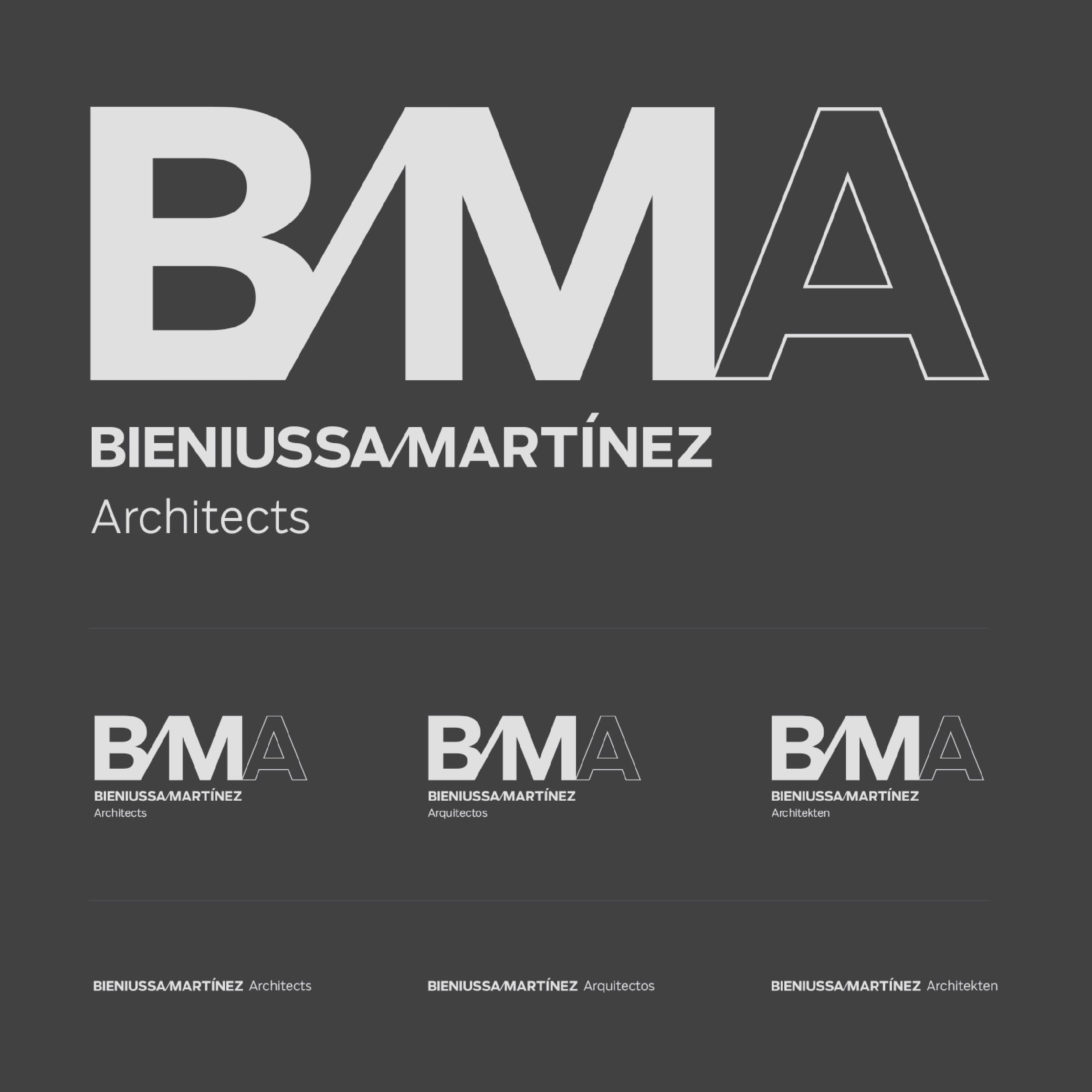 The image features various versions of the Bieniussa Martínez Architects logo on a dark background. The main logo at the top has "BMA" in large letters with "BIENIUSSAMARTÍNEZ Architects" beneath it. Smaller versions of the same logo are shown below in different layouts and languages.