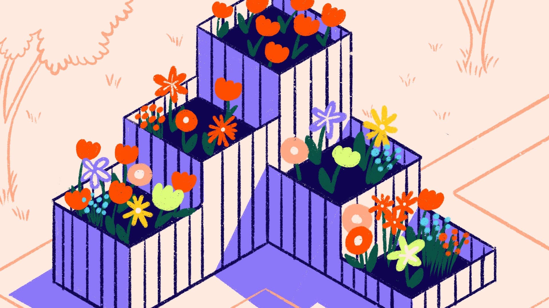 Illustration of a tiered, L-shaped flower planter filled with colorful flowers, including red, orange, yellow, pink, and purple blooms, set on a tiled patio with trees and grass in the background.