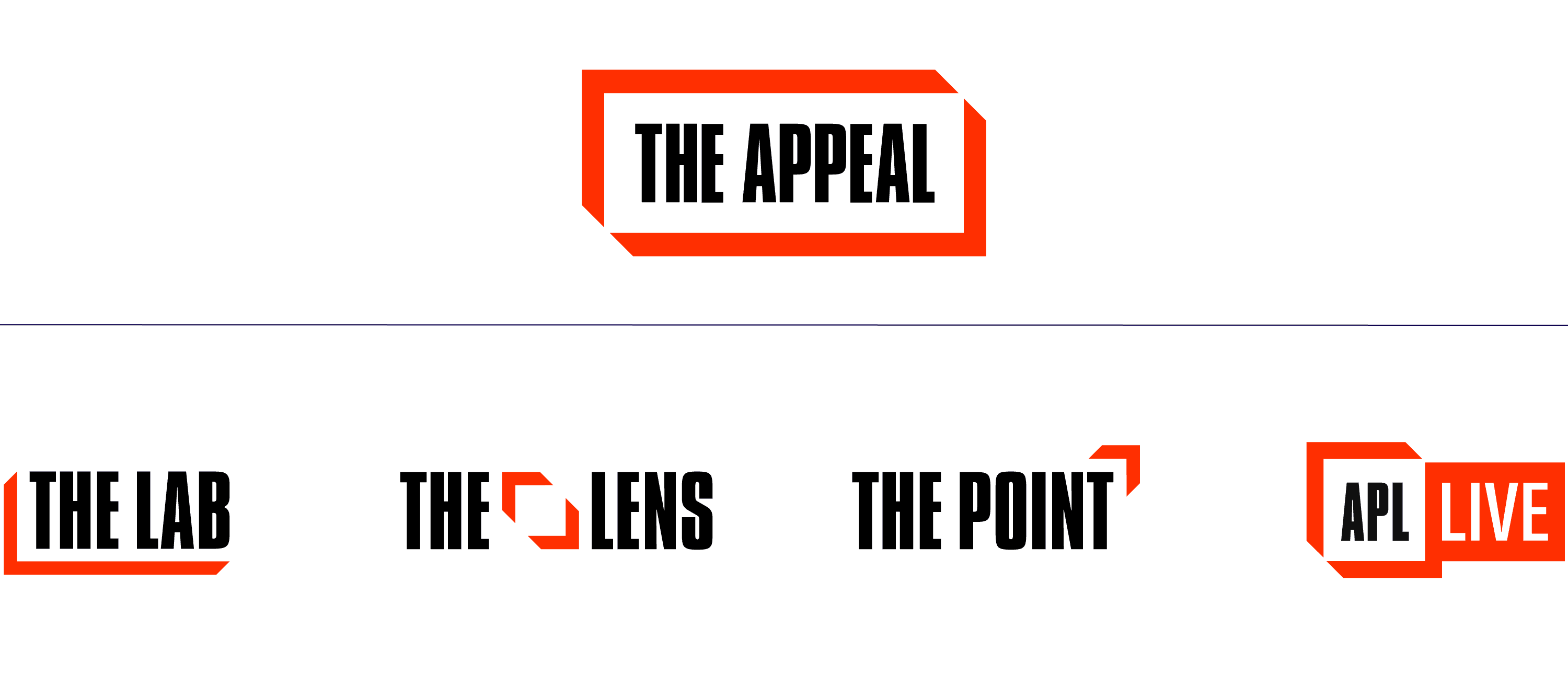 Logos on a white background: "THE APPEAL" in bold black text within an angled red border, above four logos—"THE LAB," "THE LENS," "THE POINT," and "APL LIVE," each featuring bold black text with red graphic accents.